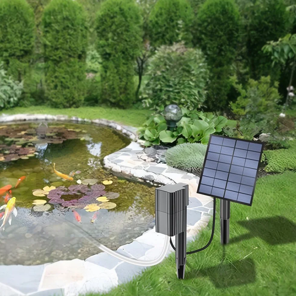 Aérateur solaire de bassin 2,5 W/7 V - Oxygénateur de 0,6 l/min - Pompe solaire pour étang avec 1 pierre à bulles et piquet - Pour jardin, bassin hydroponique