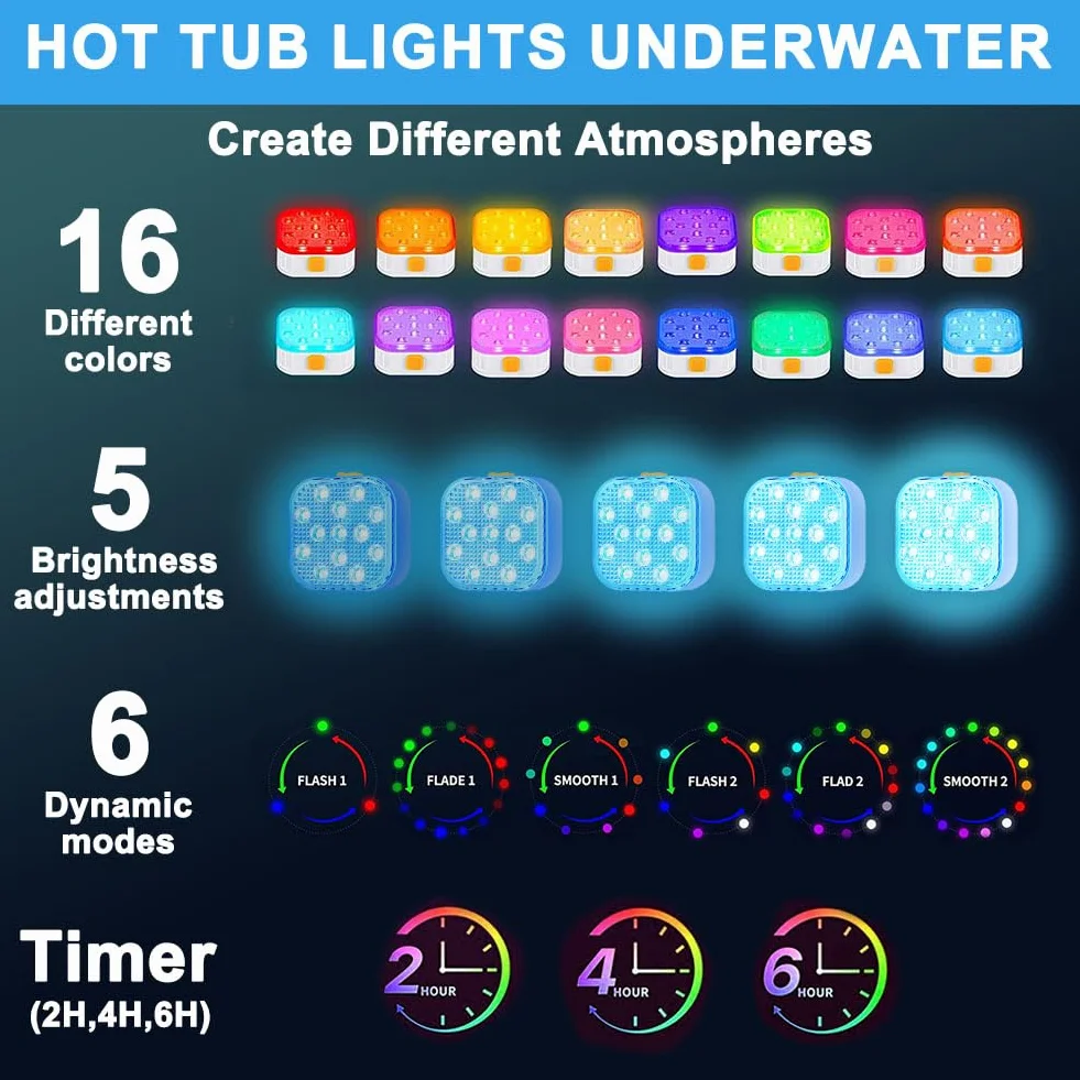 Vicloon Lumières LED pour piscine, 2 pièces rechargeables LED submersibles avec télécommande, 6 modes 16 couleurs RVB, IP68 imperméables, pour bain à remous fête spa étang