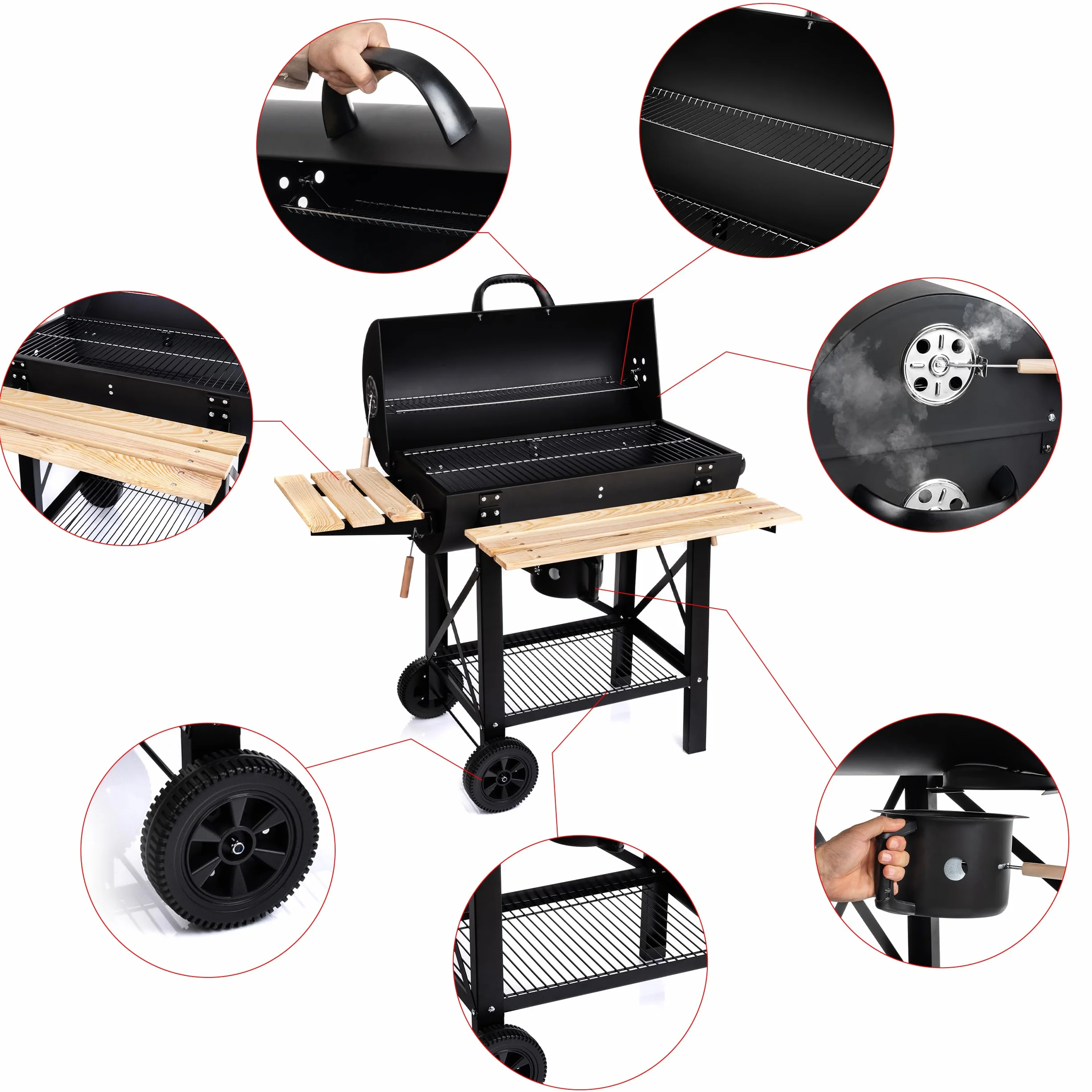 LEHMANN Barbecue Charbon de Bois XL avec Grille de Cuisson, Étagères en Bois, Couvercle, Roulettes