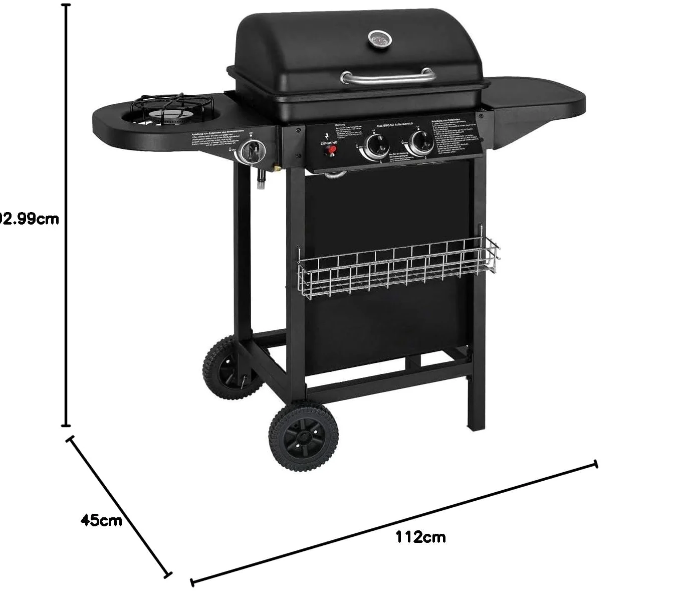 Barbecue à gaz avec 2 brûleurs à gaz compacts, brûleurs latéraux, grilles de barbecue, tables latérales et voiture en acier, 8,7 kW
