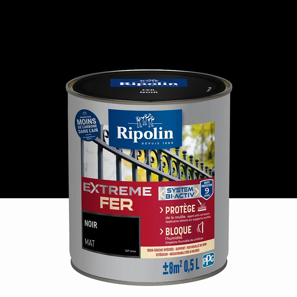 RIPOLIN Peinture pour Fer Extérieur Glycéro Antirouille Sous-couche intégrée Mat Noir 0,5L