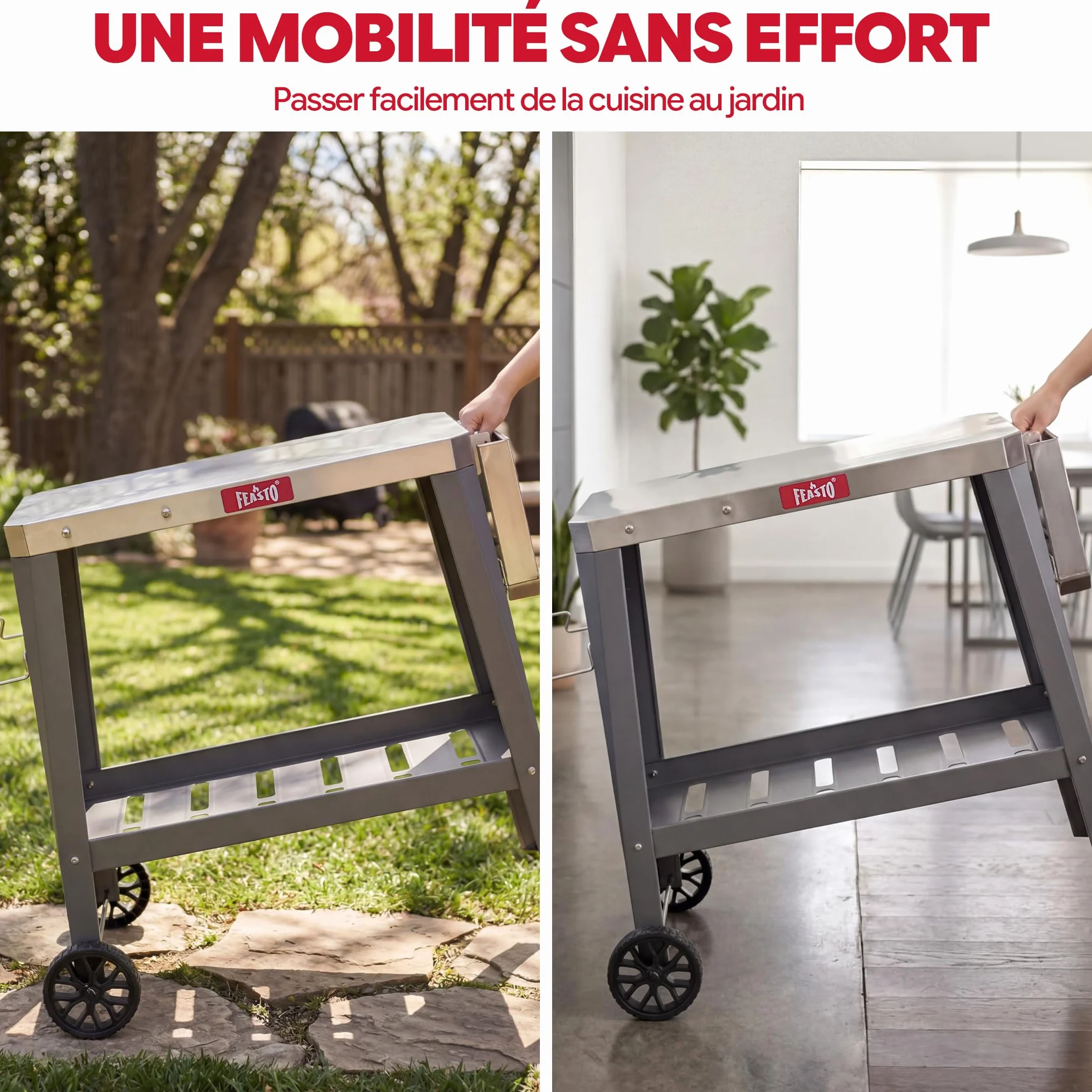 Feasto 2-Étagère Desserte de Jardin Pliable, Chariot de Barbecue Acier INOX, Gris