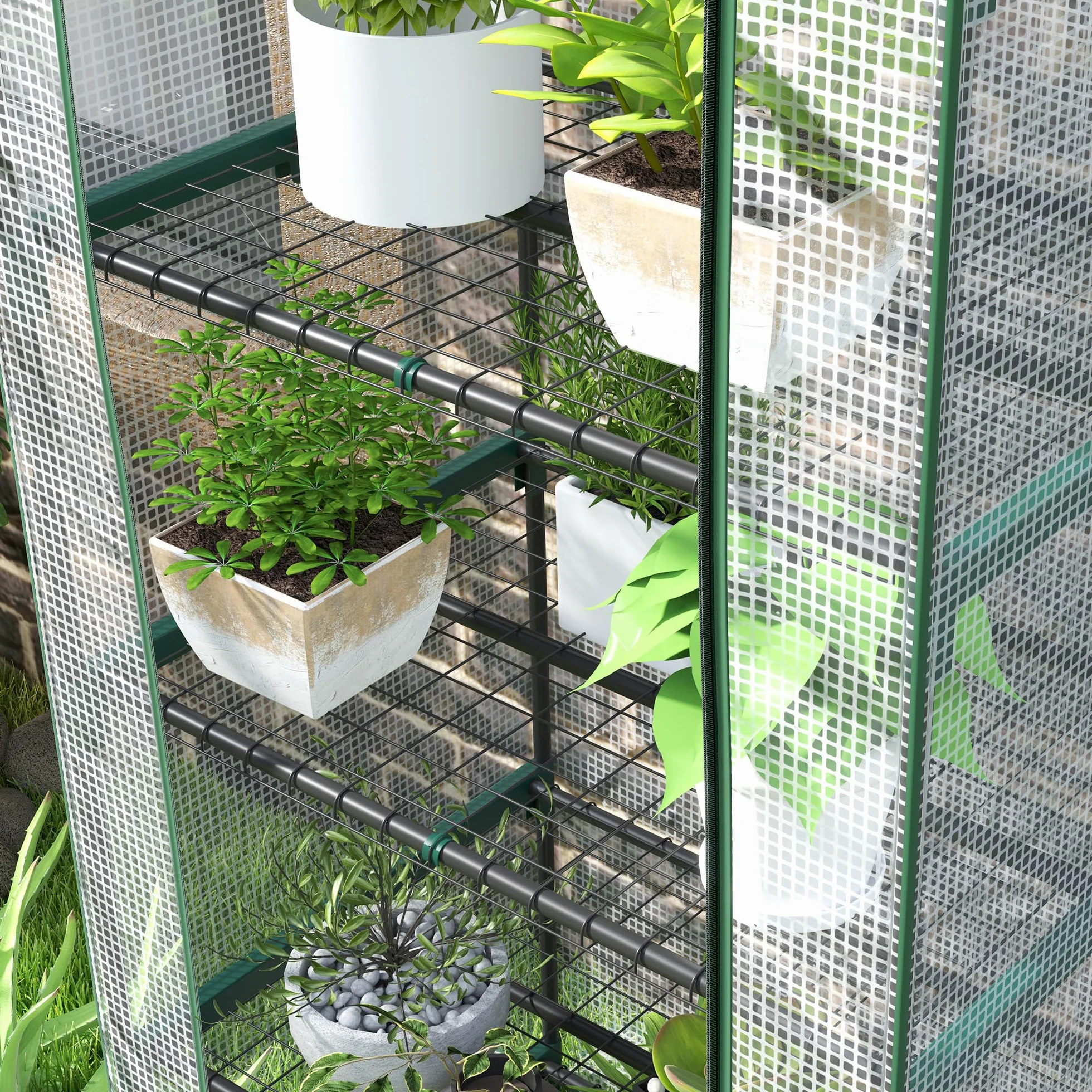 Outsunny Serre de Jardin PE avec étagères 5 Niveaux, Serre de Balcon, bâche renforcée, châssis en Acier, Porte zippée Enroulable, pour légumes Plantes Fleurs, 69 x 49 x 193 cm, Blanc