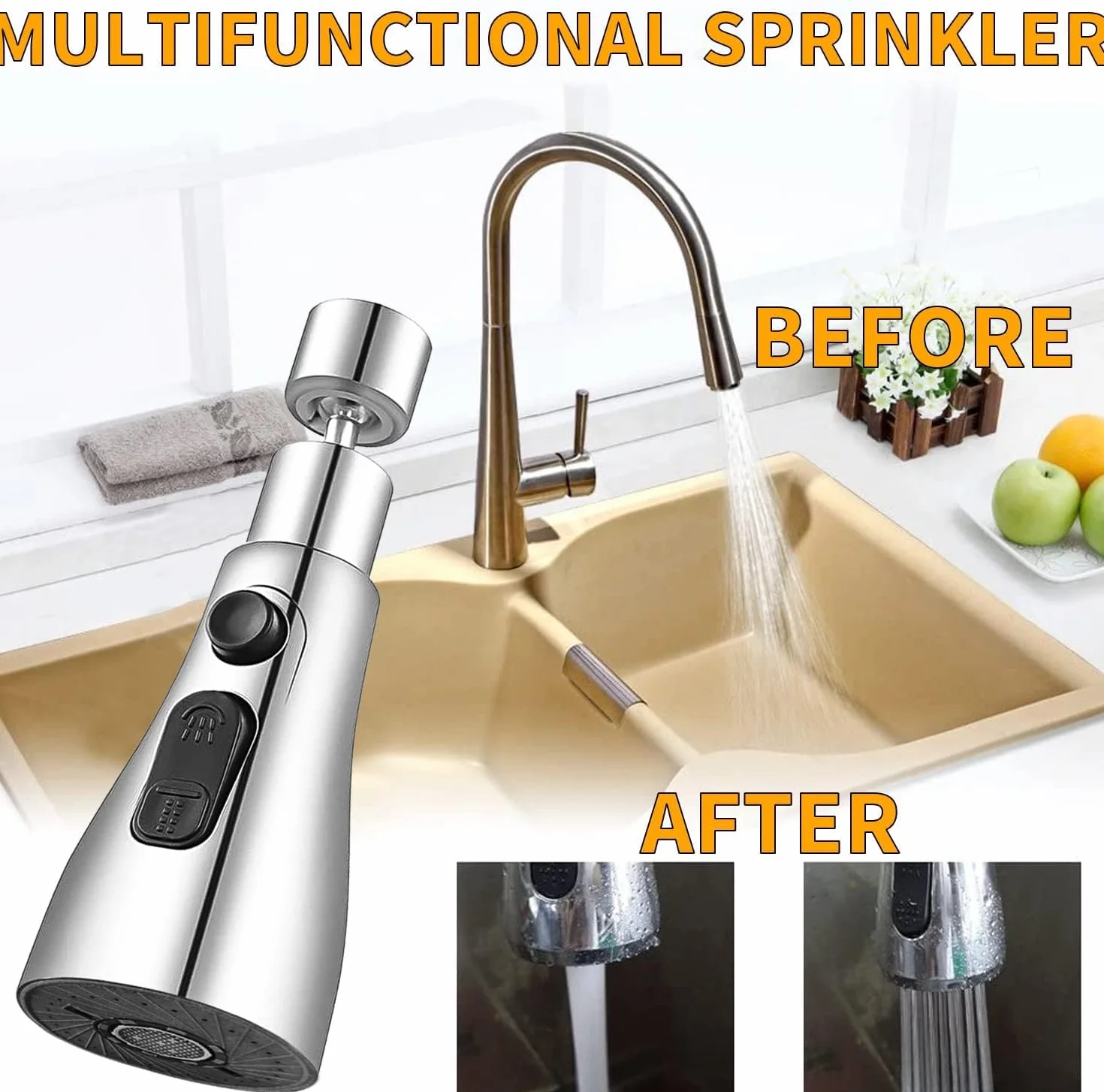 Douchette Evier Cuisine 360° Rotatif Mousseur Robinet 3 Modes Argent