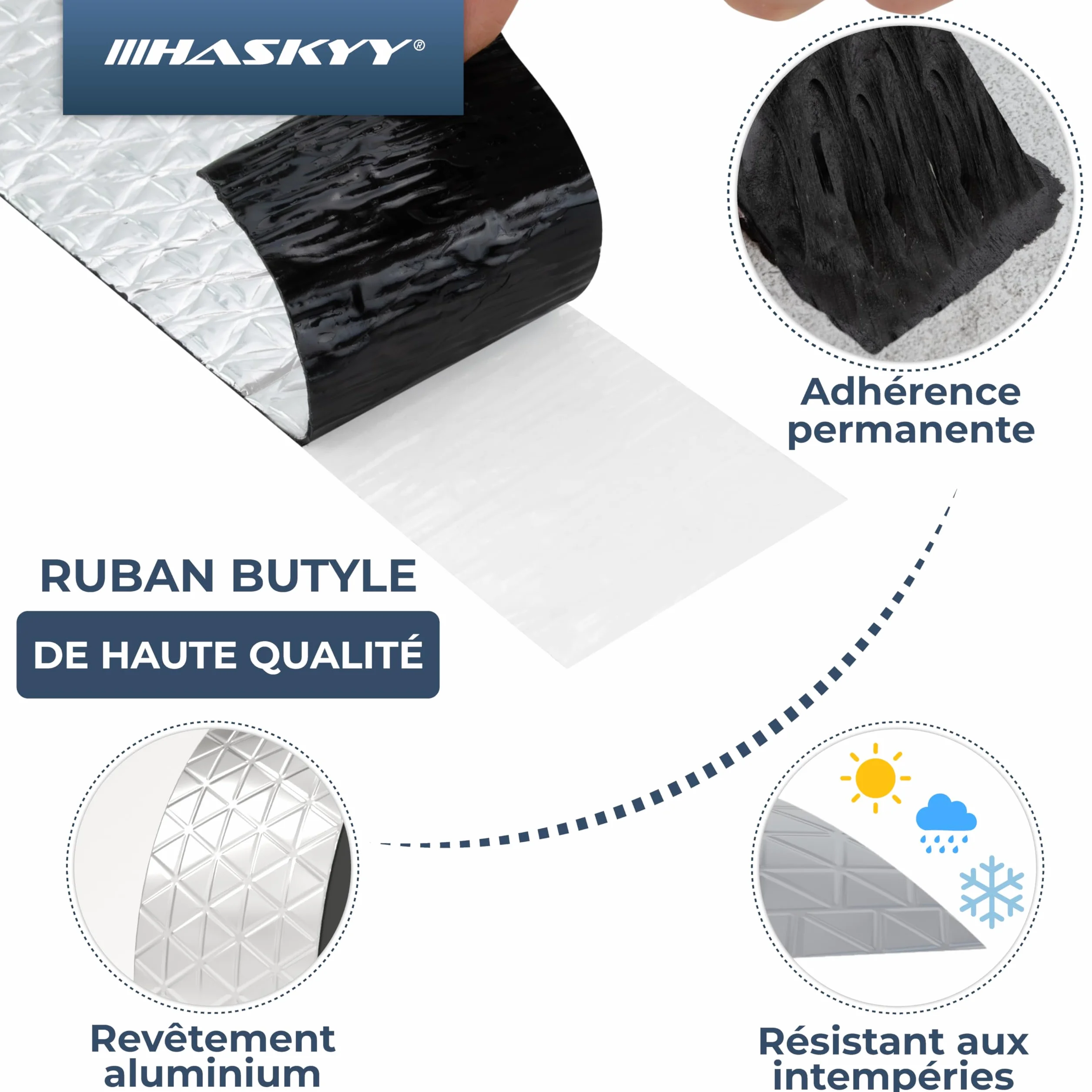 HASKYY Ruban d'étanchéité en butyle 50mm x 5m Bande adhésive aluminium imperméable réparation argent