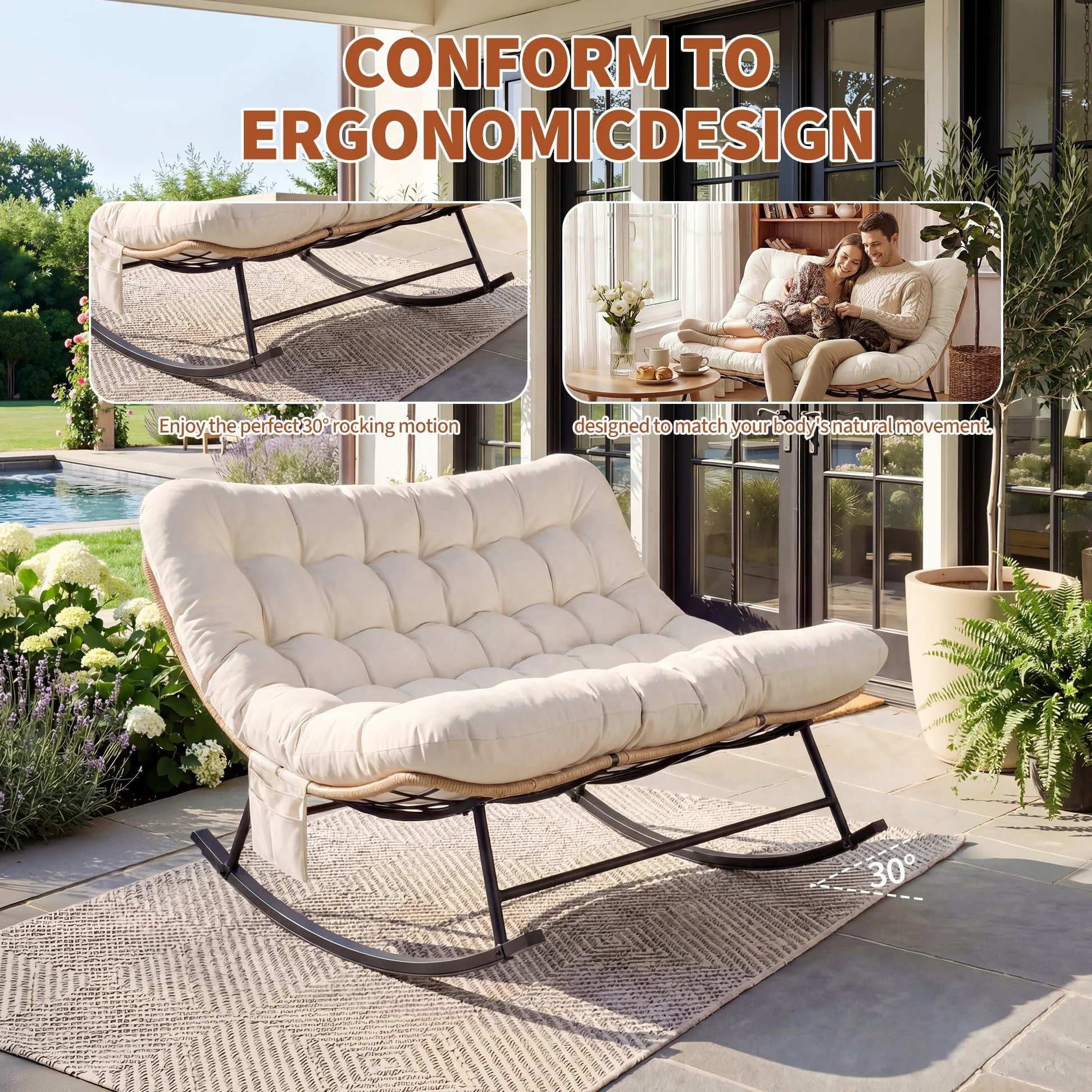 Garvee Fauteuil à Bascule Double Robuste 450 lbs – Dossier rembourré – Tissu imperméable – Cadre métal – Idéal Jardin, terrasse, Salon – Mobilier Moderne – Rotin Jaune et Coussins Beige Clair