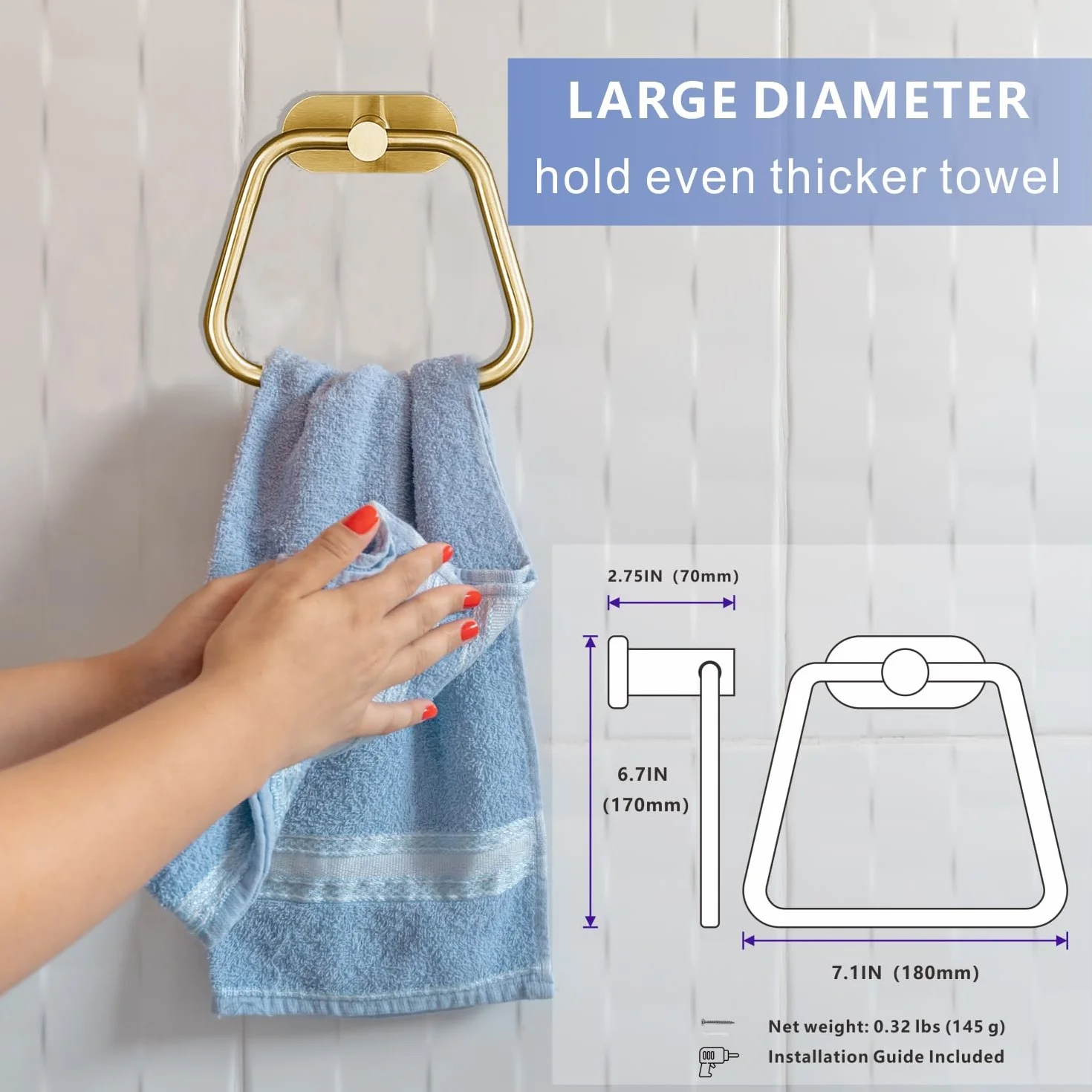 Anneau Porte-Serviette Autocollant en Acier Inoxydable 304 pour Salle de Bain et Cuisine, Trapézoïdal Or