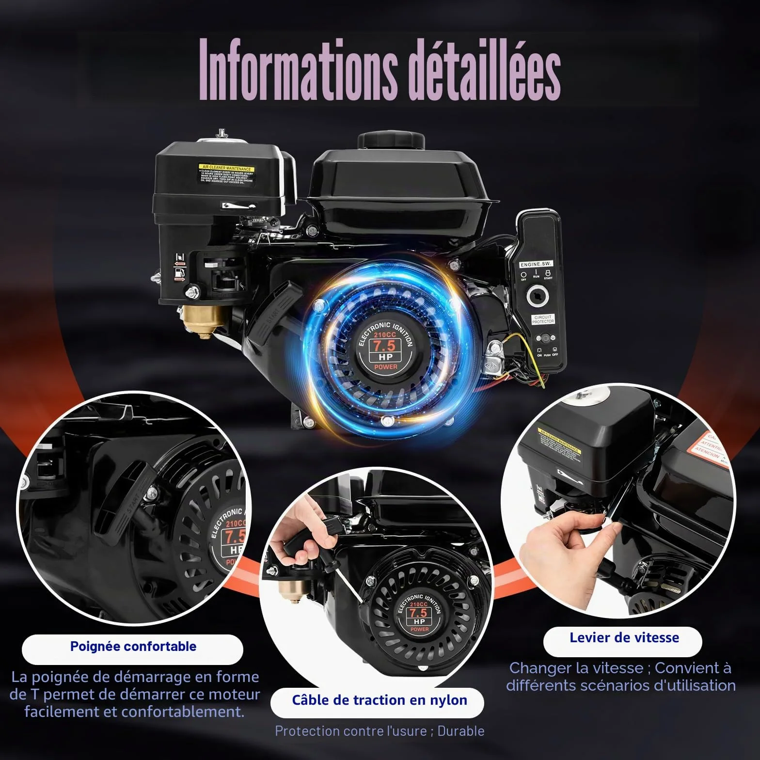 DIFU Moteur à essence 7,5 CV avec démarreur électrique | Moteur 4 temps Go Kart 210cc | Faible consommation de carburant | Moteur de kart à arbre de 20 mm avec fonction d'alarme d'huile pour