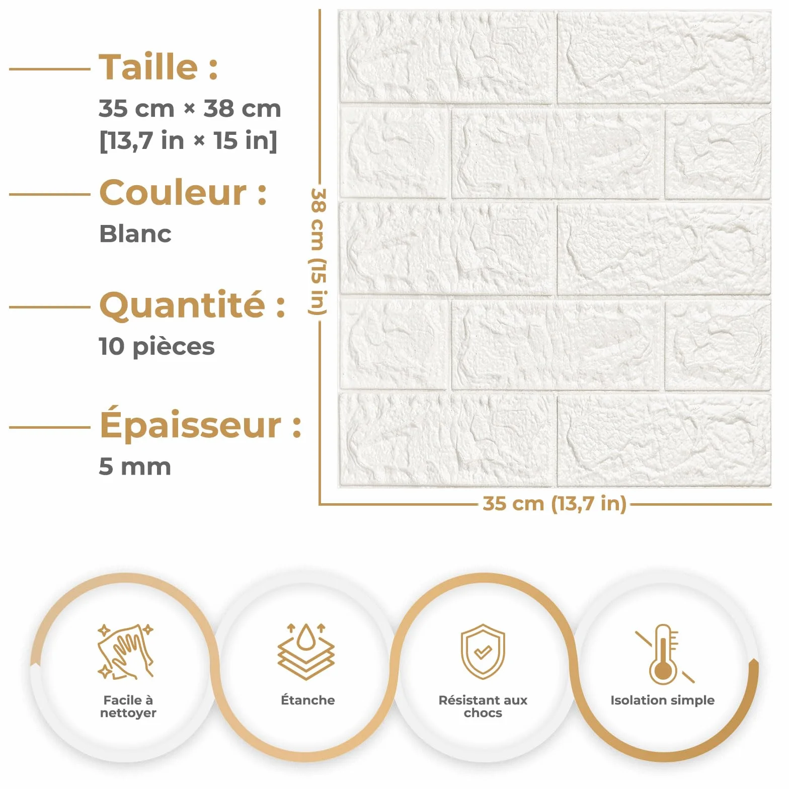 LeapBeast 10Pcs Papier Peint Mural 3D, Blanc Brique, Effet Pierre, Autocollant Adhésif Mousse Polyéthylène Amovible