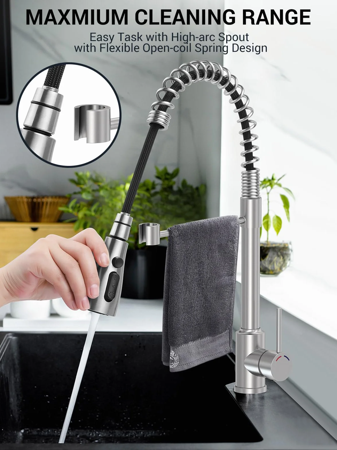 Robinet Cuisine Acier Inoxydable, Mitigeur avec Douchette, Bec Pivotant 360°, 4 Modes, Arc Élevé