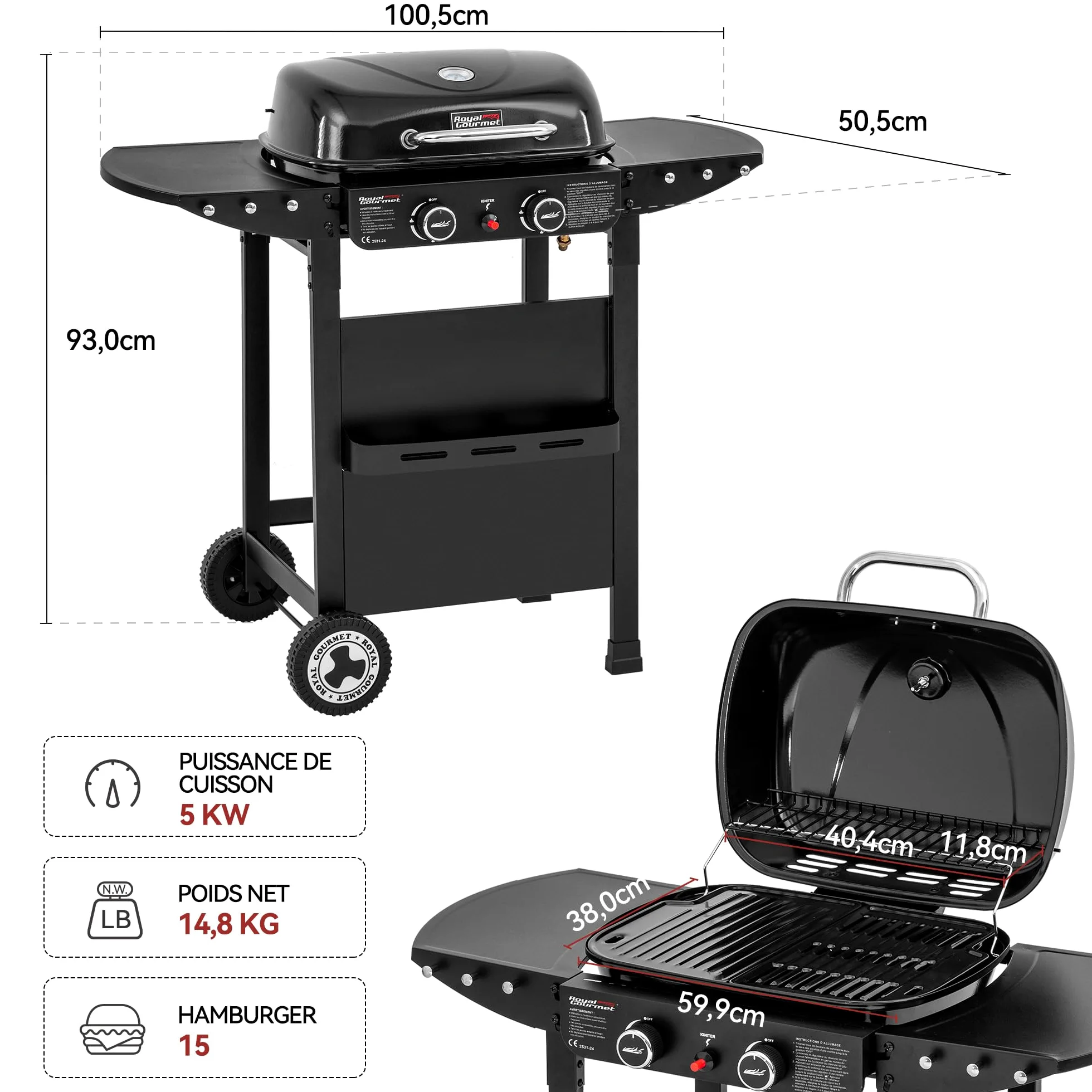 Royal Gourmet 2 Brûleurs Barbecue Gaz sur Chariot, 2 en 1 Plaque et Grille Combinés avec Tables Latérales Pliables et Couvercle, Puissance 5kW, Adapté pour Jardin et Camping, Noir
