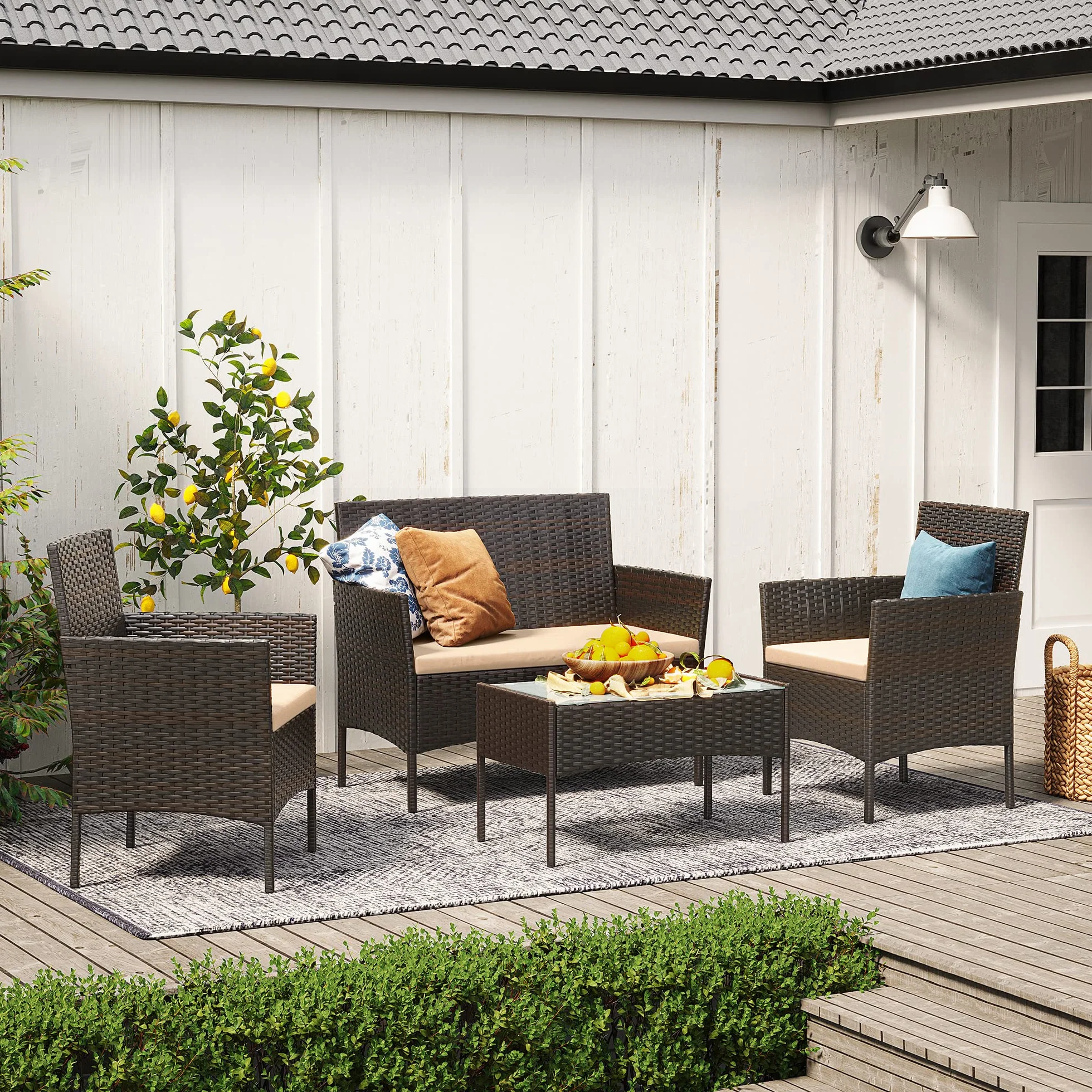 SONGMICS Salon de Jardin Extérieur 4 Places Résine Tressée PE, Table + 2 Fauteuils + Banquette 2 Places, Marron et Taupe