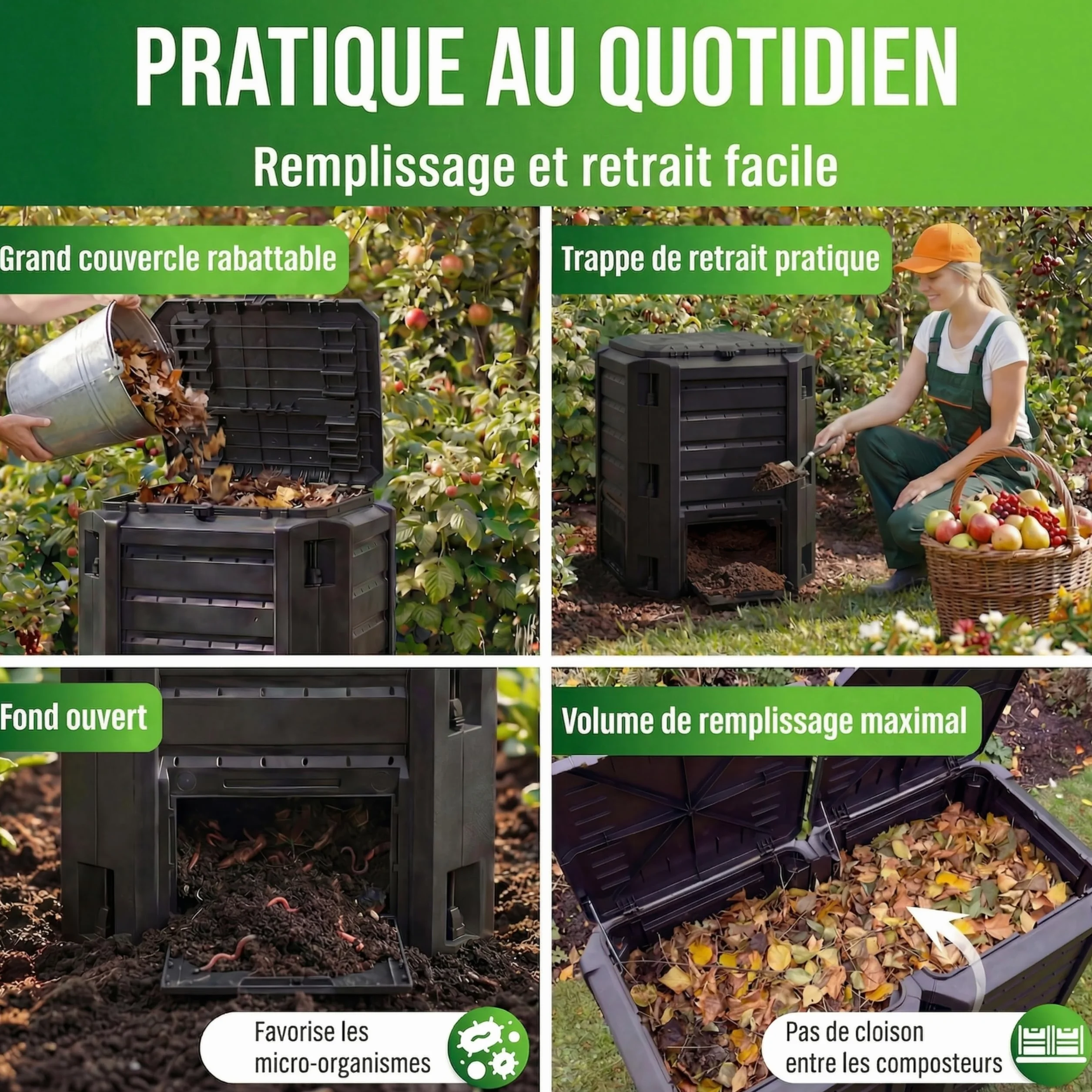 Composteur de Jardin 800 L Plastique Noir avec Couvercle et Trappe d'extraction