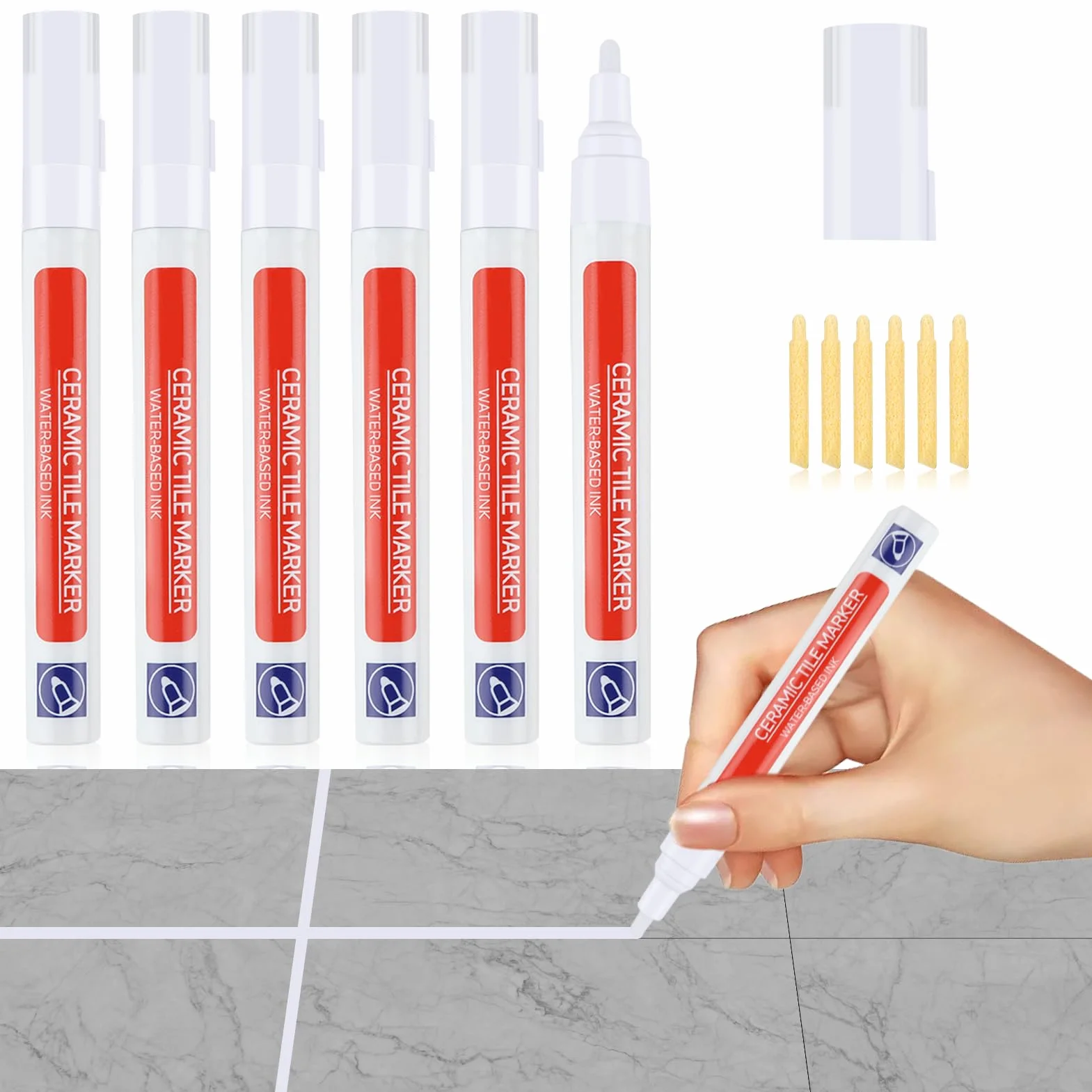 Stylo Joint Carrelage Blanc Imperméable 6 Pièces avec Pointe de Rechange