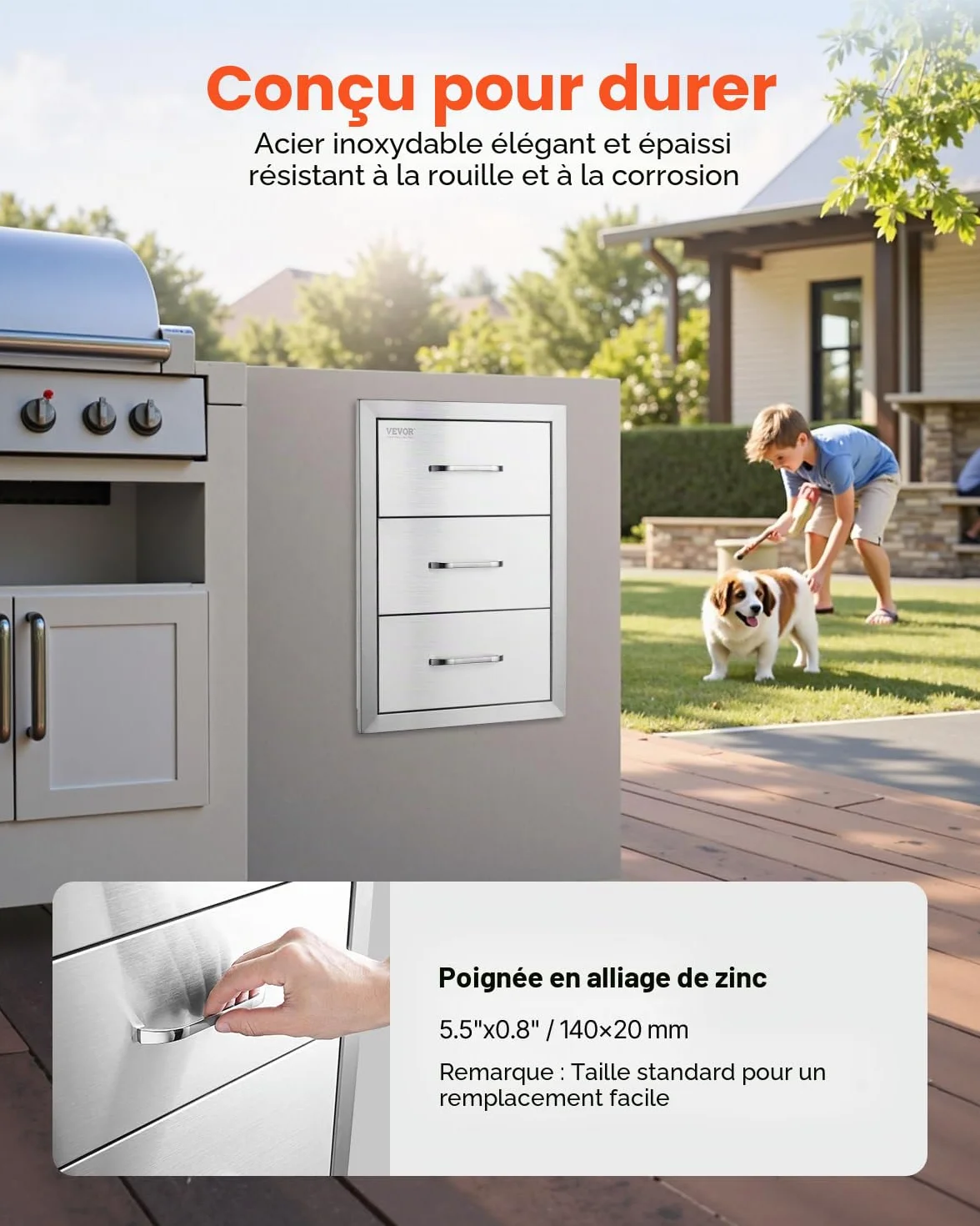 VEVOR Tiroirs de cuisine d'extérieur 40,6 x 54,6 x 45,7 cm (l x H x P) – Tiroirs de barbecue encastrés à triple accès avec poignée en acier inoxydable, îlot de barbecue pour cuisine extérieure ou îlot
