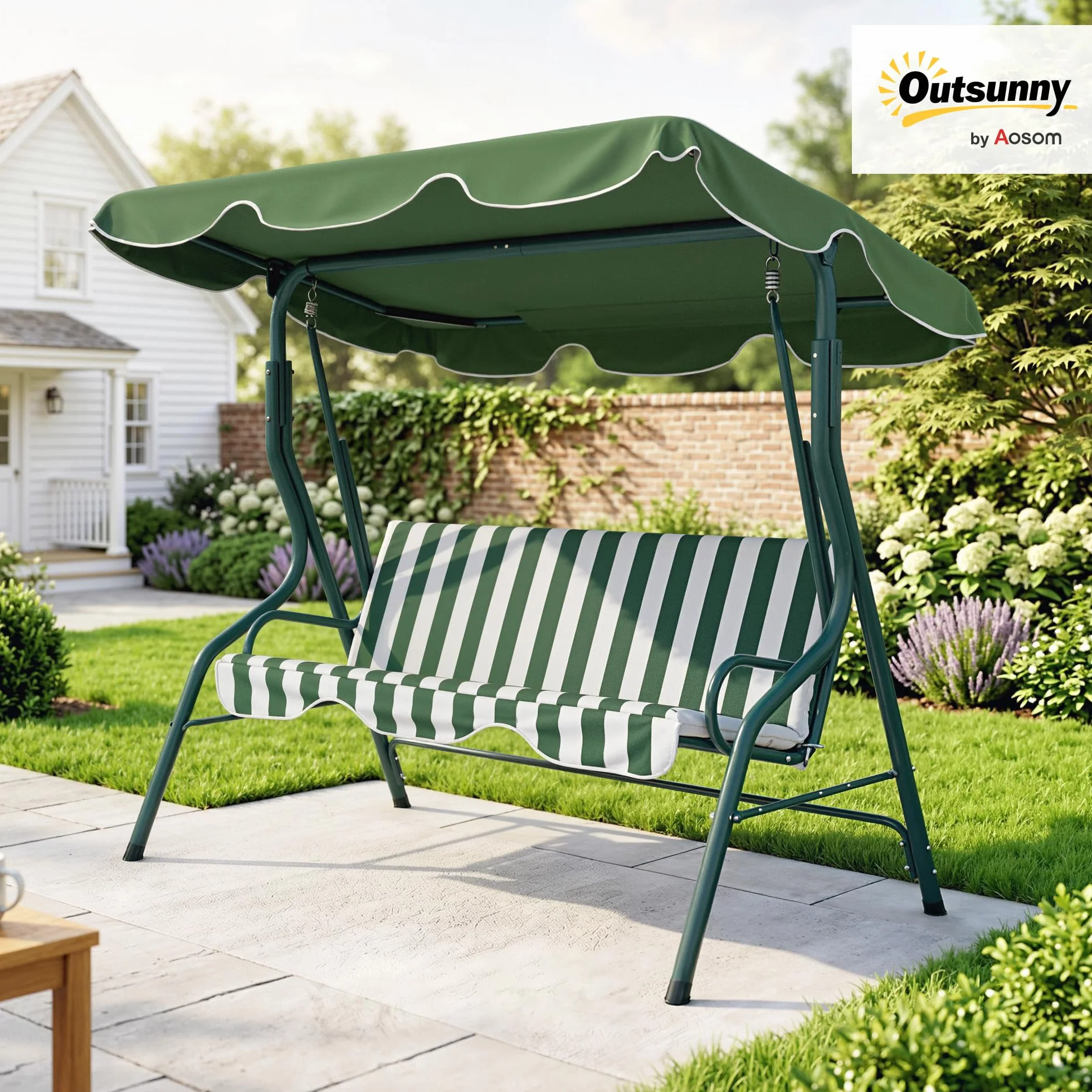 Outsunny Balancelle de Jardin 3 Places Toit imperméabilisé Inclinaison réglable Acier Polyester Vert Blanc rayé 1,7L x 1,1l x 1,53H m