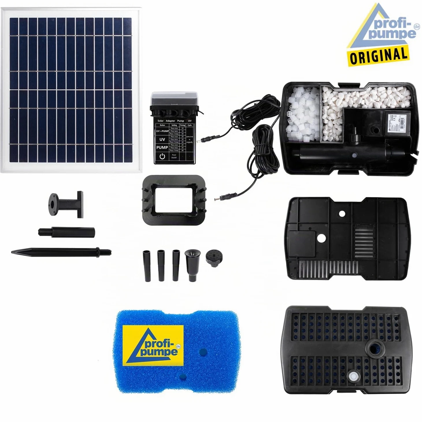 AMUR Fontaine de Bassin Solaire - Kit avec Filtre UV Anti-Algue et Minuterie et Panneau Solaire Stable (Aqua-Vital 12-UV-C)