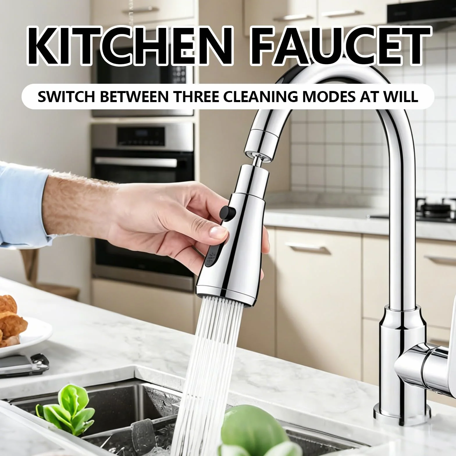 Douchette Évier Cuisine Robinet 360° Rotatif 3 Modes Jet Prolongateur Aérateur Inox Économiseur d’Eau