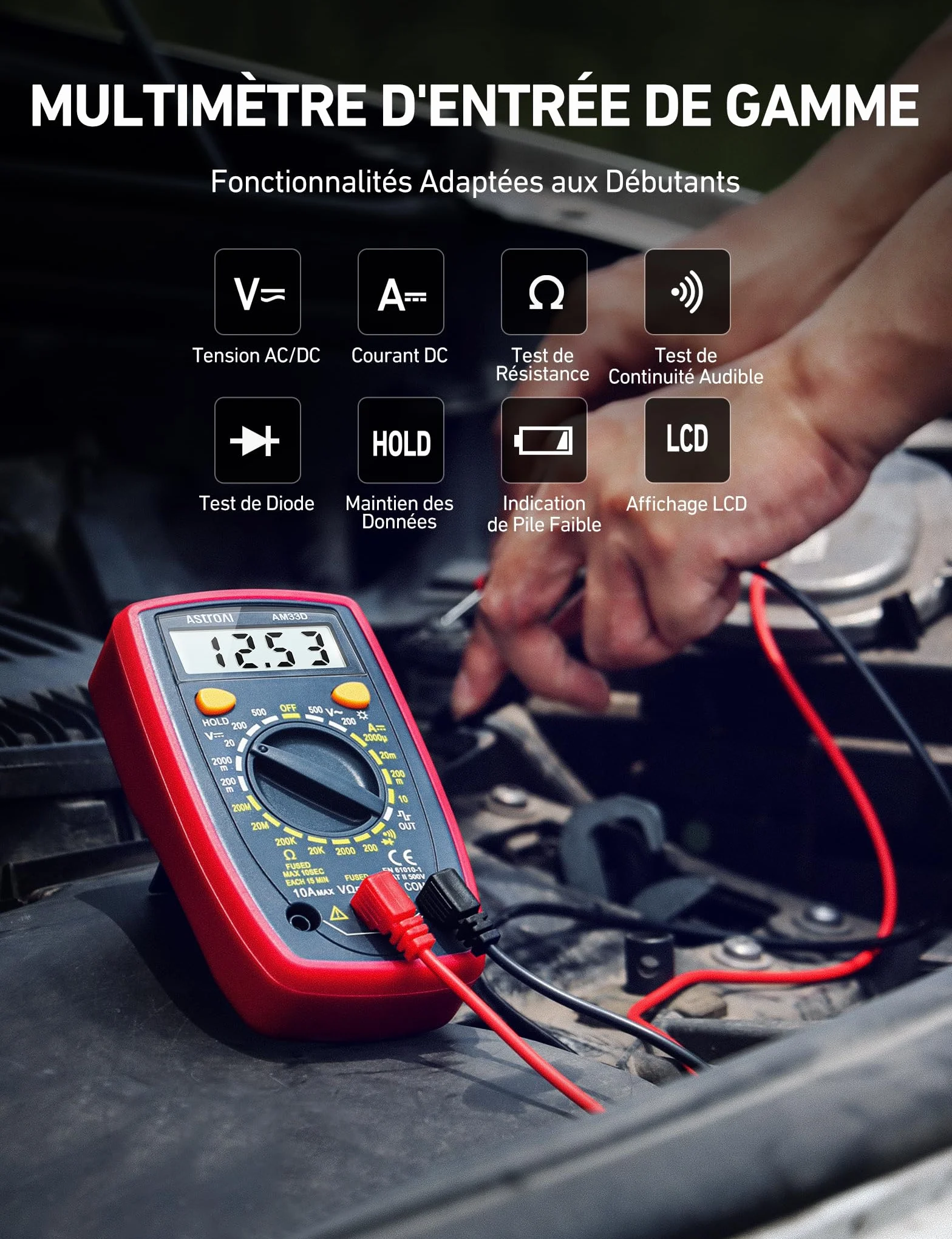AstroAI Multimètre Numérique Portable 2000, Testeur Électrique Multifonctions AC/DC, Voltmètre Ampèremètre Ohmmètre