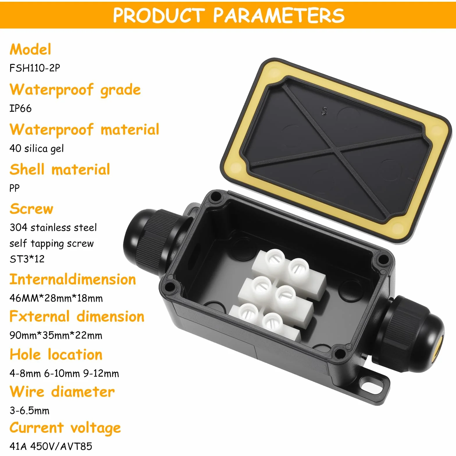 Boite de Derivation Etanche IP66 2 Voies, Boîtier de Raccordement pour Câbles 3-6,5 mm, Noir