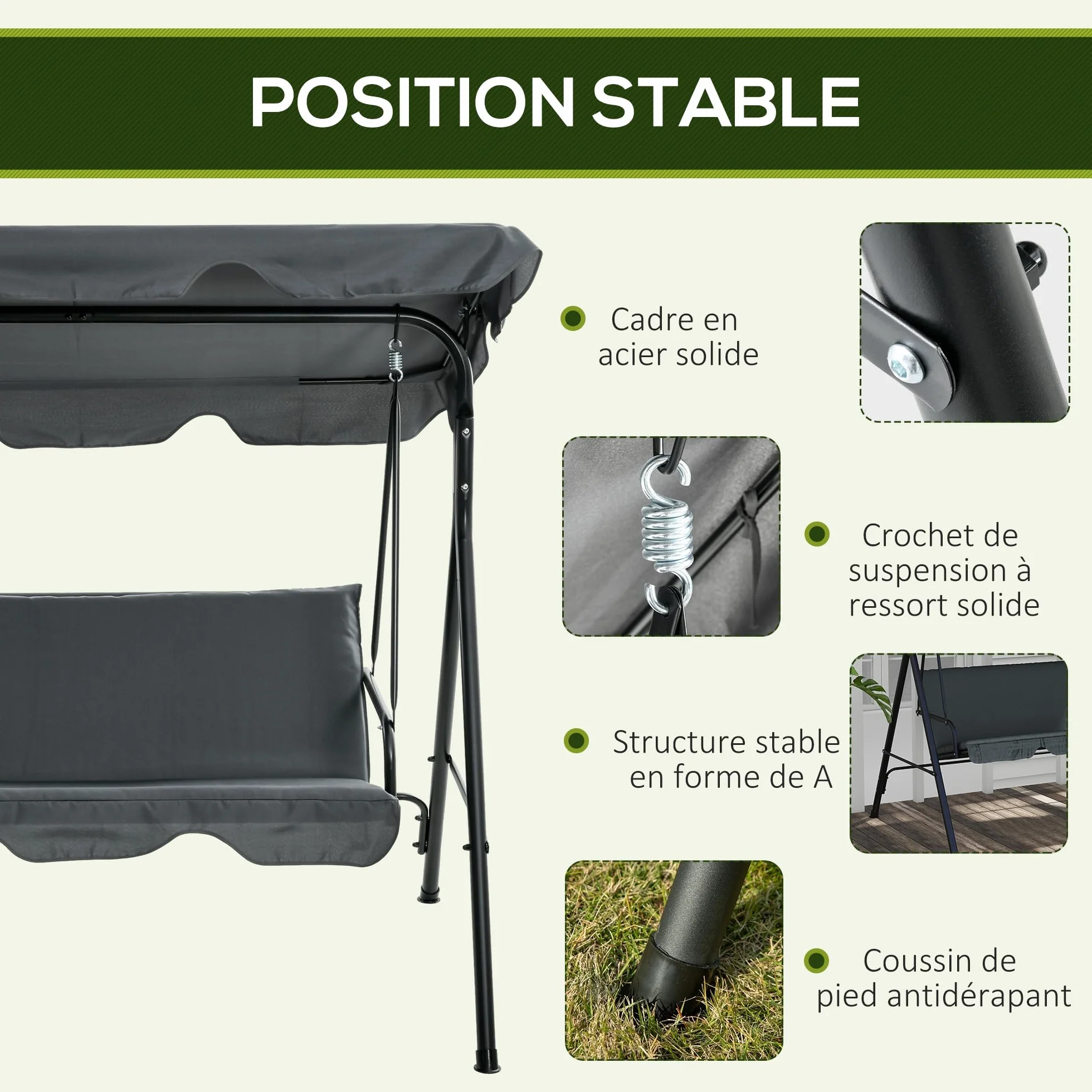 Outsunny Balancelle de Jardin 3 Places Toit Inclinable Coussins Acier Noir 1,72L x 1,1l x 1,53H m