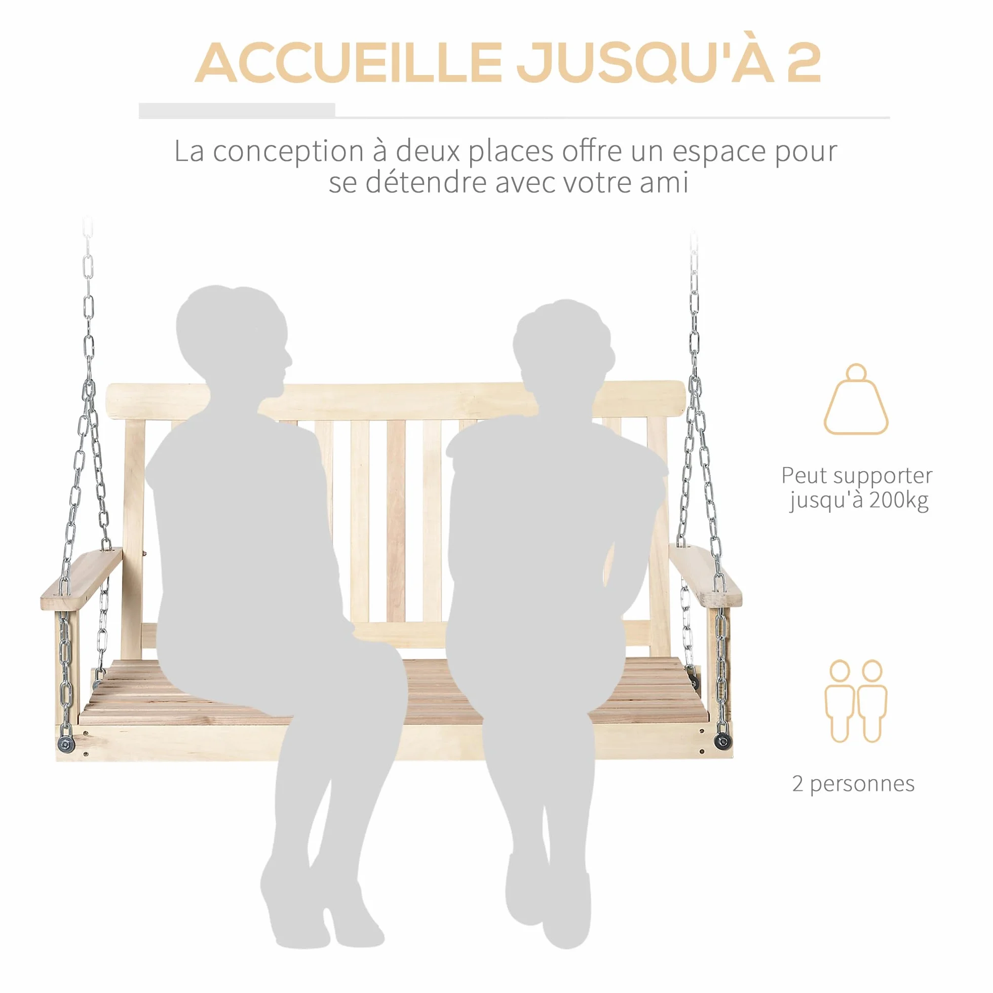Outsunny Balançoire de Jardin 2 Places Suspendue 200 kg Bois Naturel