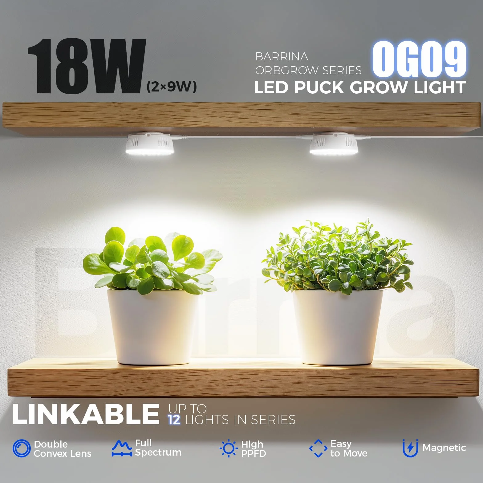 Barrina Orbgrow OG09 Lampe de Croissance à Spectre Complet, 5000 K 18 W (2×9 W), Aimantée, Connectable en Série, Minuterie Intégrée, 5 Niveaux de Luminosité, Pack de 2