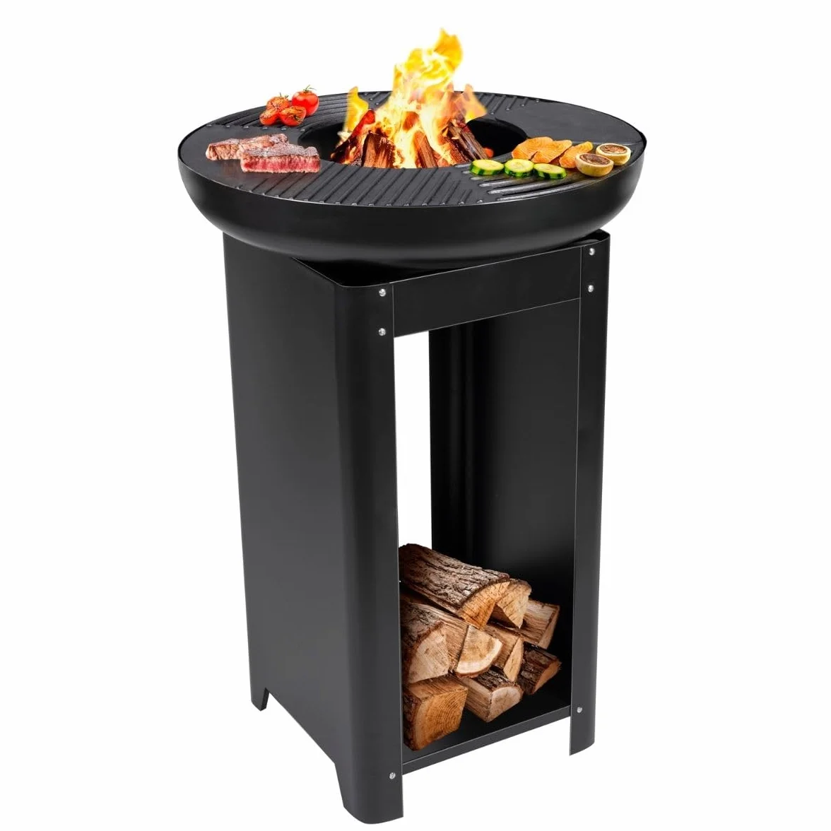 Alpina Foyer Extérieur 3 en 1 Cheminée de Jardin 61x90 cm avec Plaque Chauffante Teppanyaki Barbecue à Plancha