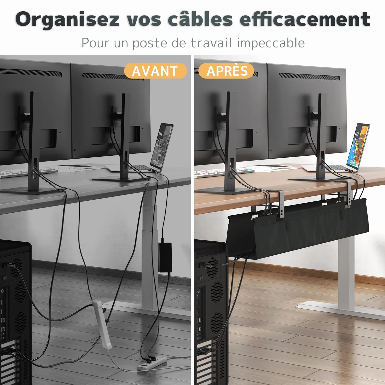 Cable Management Bureau Sans Perçage 90cm, Under Desk Cable Tray avec Fixation par Pinces/Vis, Range-Câbles Tissu Imperméable Noir