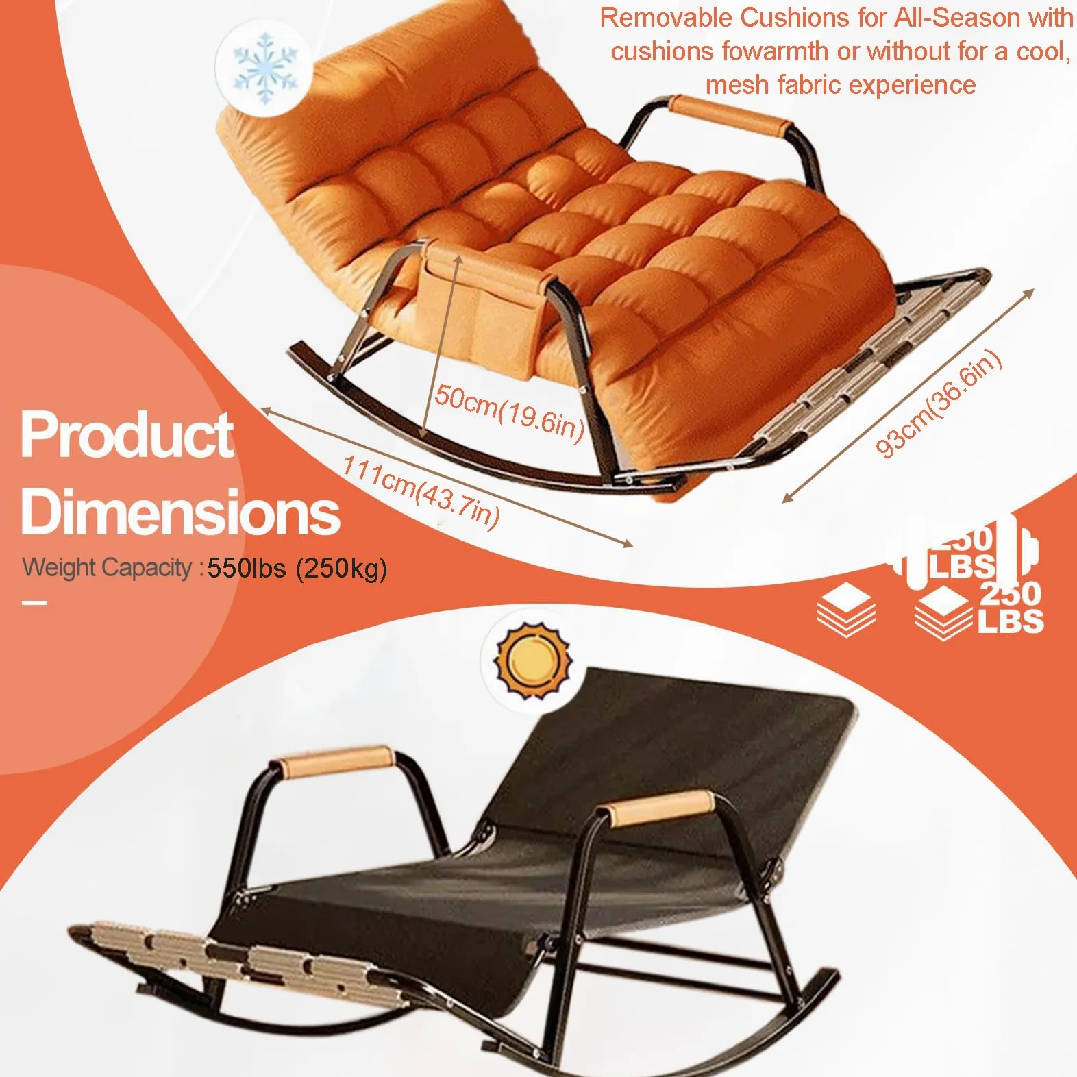 Rocking Chair, Dossier et Pied réglable, Tissu Résistant aux Griffes, Cadre en Acier Carbone, pour Intérieur et Extérieur, Gris & Orange, 93x111x50 cm, Charge Maximale 250 kg(Color:Gris)