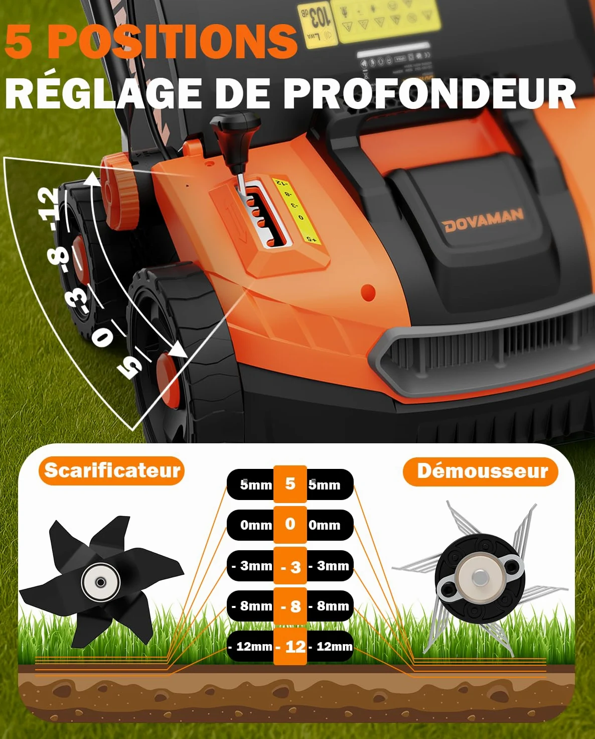 DOVAMAN DS16A 2-en-1 Scarificateur & Aérateur Électrique, 1500W, Largeur 40cm, 5 Profondeurs Réglables, Design Pliable, Bac 45L, Hauteur Réglable, Léger, Idéal pour Scarifier et Aérer