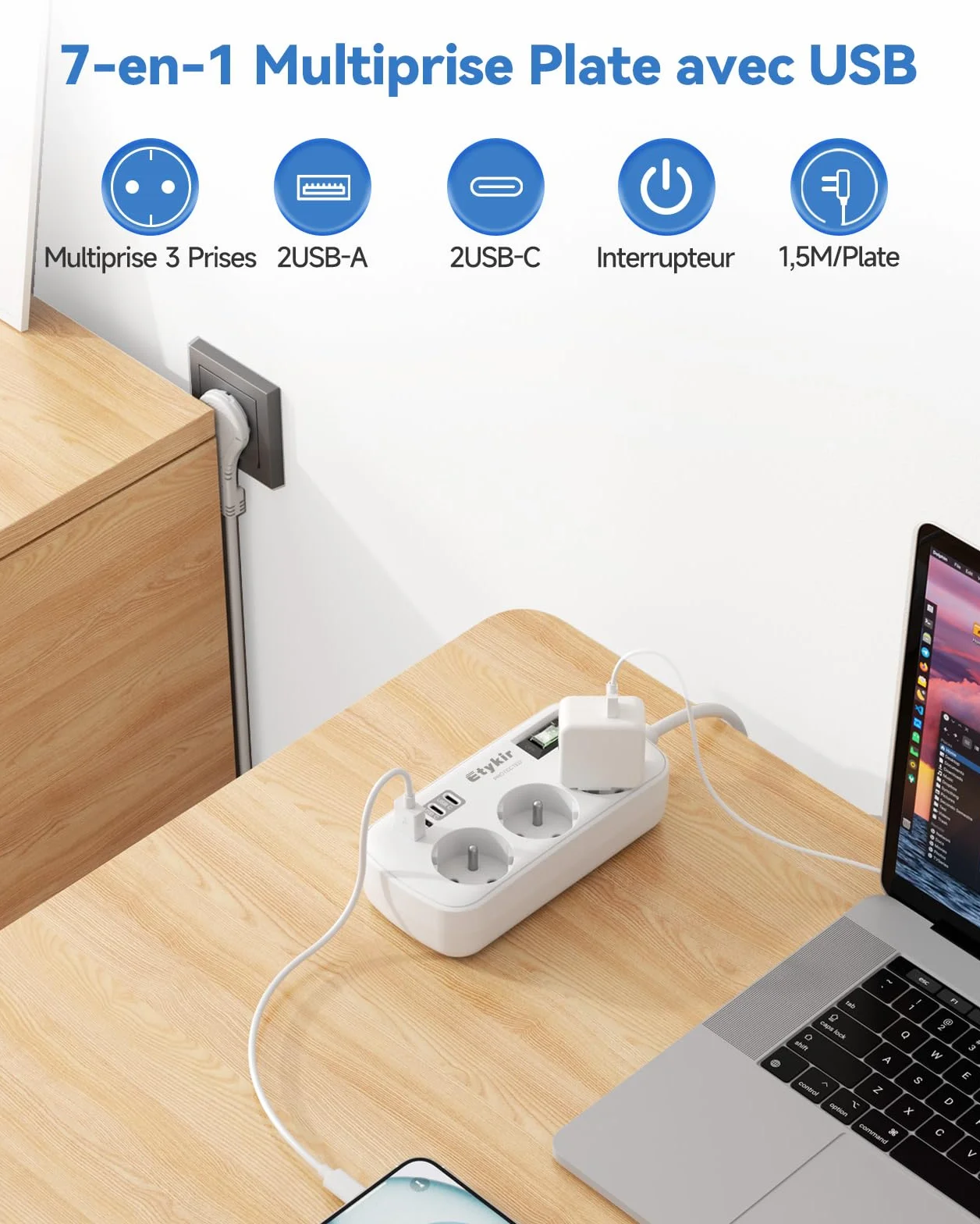 Multiprise Plate avec Interrupteur, 4 USB (2 USB-C), Parafoudre et Surtension, Rallonge 1,5 m Blanc