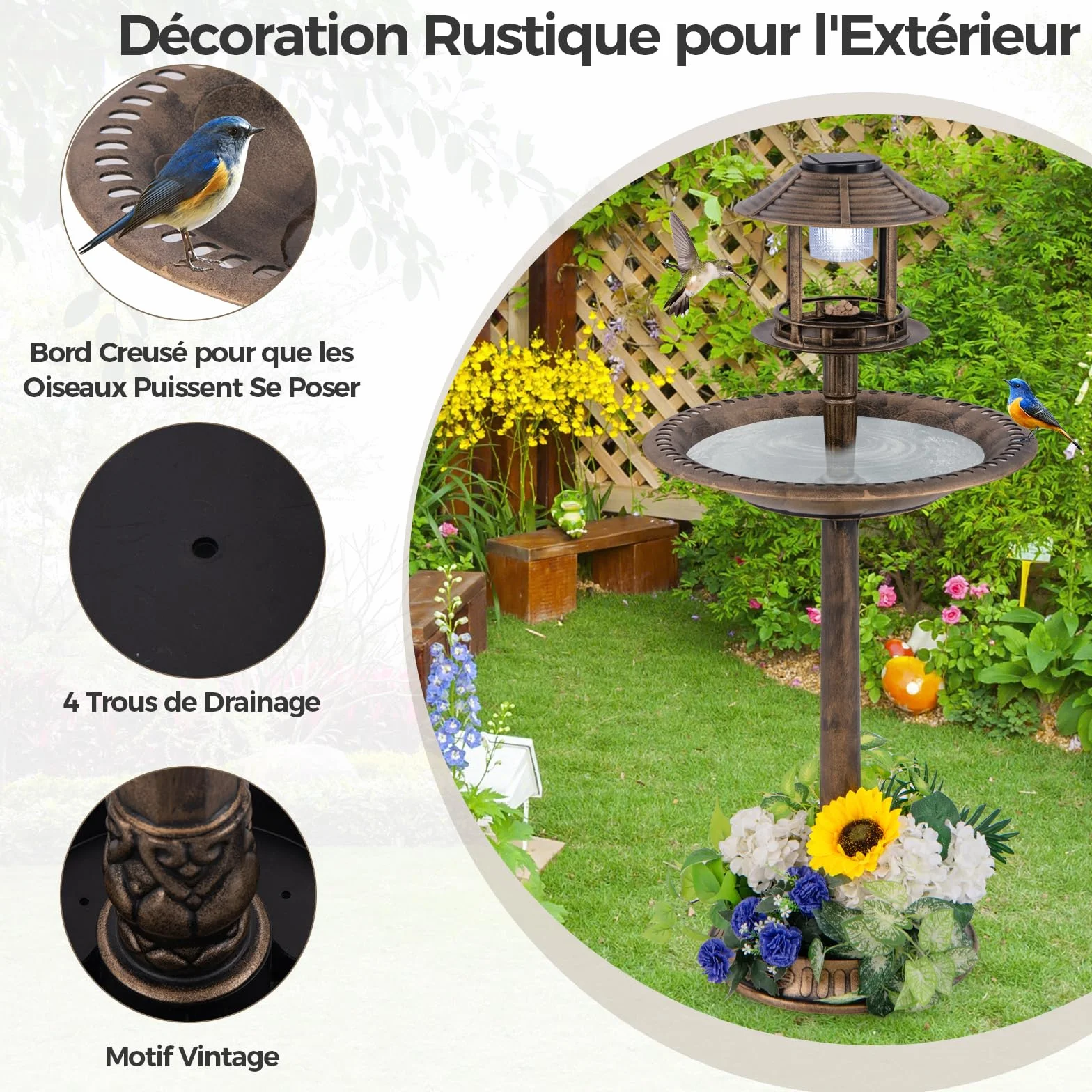 COSTWAY Bain d'oiseaux 3 en 1 Solaire, Décoration Extérieur Pied Rétro Éclairé Lampe Jardinière Mangeoire Abreuvoir Oiseaux Jardin Bronze