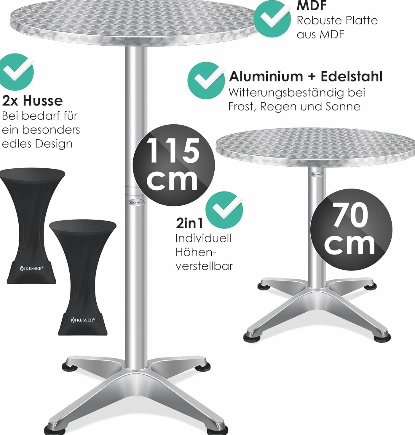 KESSER Table de bistrot 2 en 1 aluminium acier inoxydable hauteur réglable 70/115 cm ronde intérieur extérieur housse incluse argenté