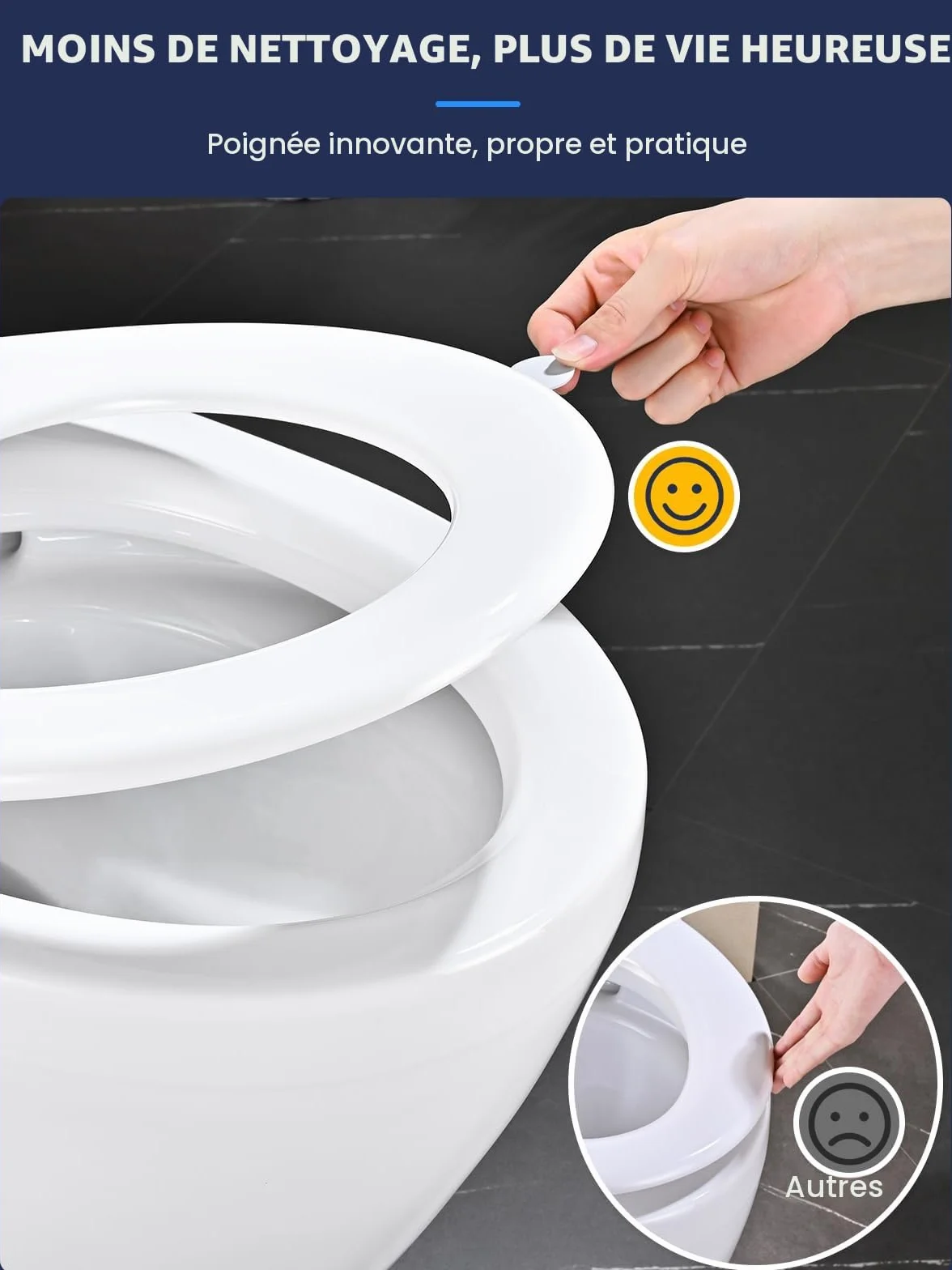 Abattant WC Forme O YEAUPE PRO avec Frein de Chute, Fermeture en Douceur, Universelle, Blanc, 44,6 x 37,2 x 4,3 cm