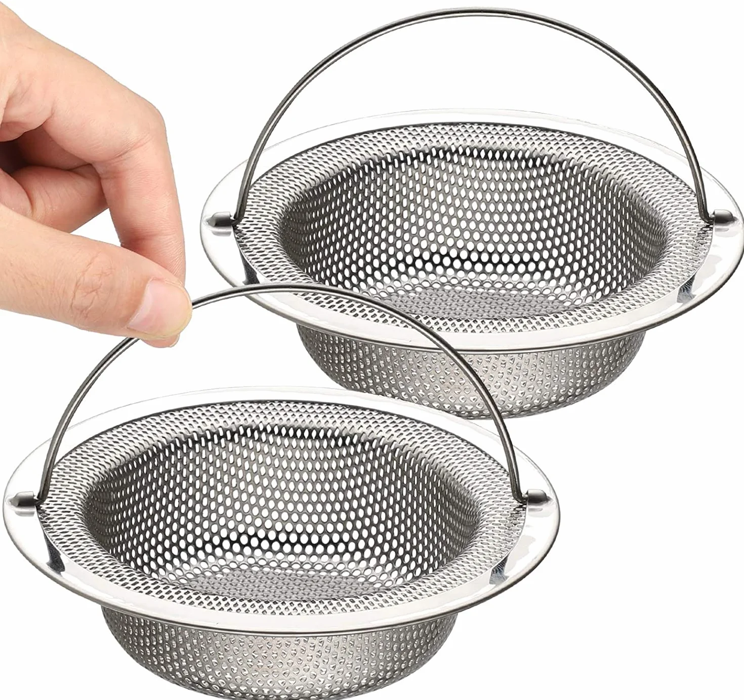 Filtre à évier de Cuisine en acier inoxydable, Crépine de Vidange avec Poignée Relevable, Lot de 2, Diamètre Extérieur 11 cm x Hauteur 2 cm