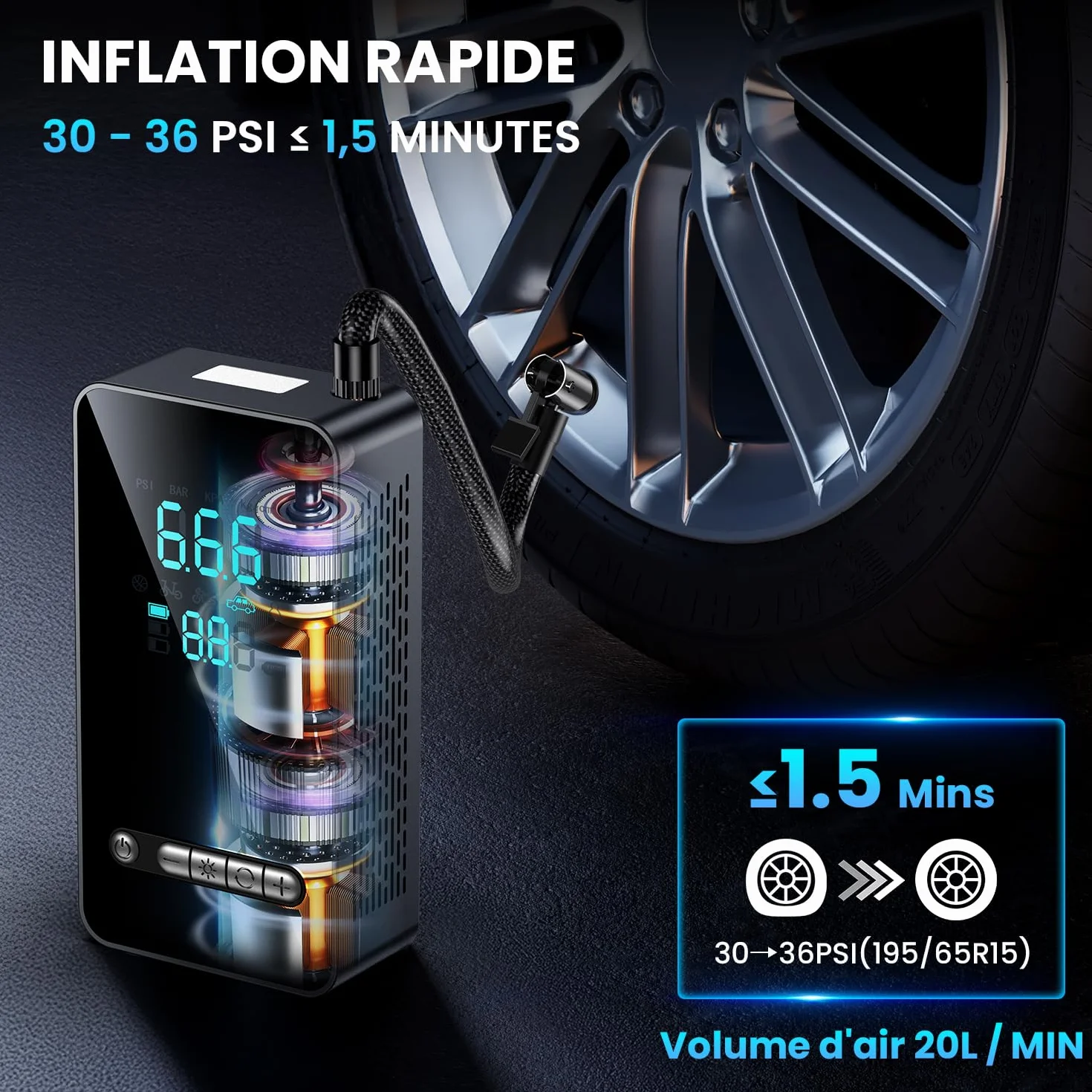 Gonfleur Pneus Voiture Sans Fil 150 PSI Compresseur Air Portatif Batterie Rechargeable