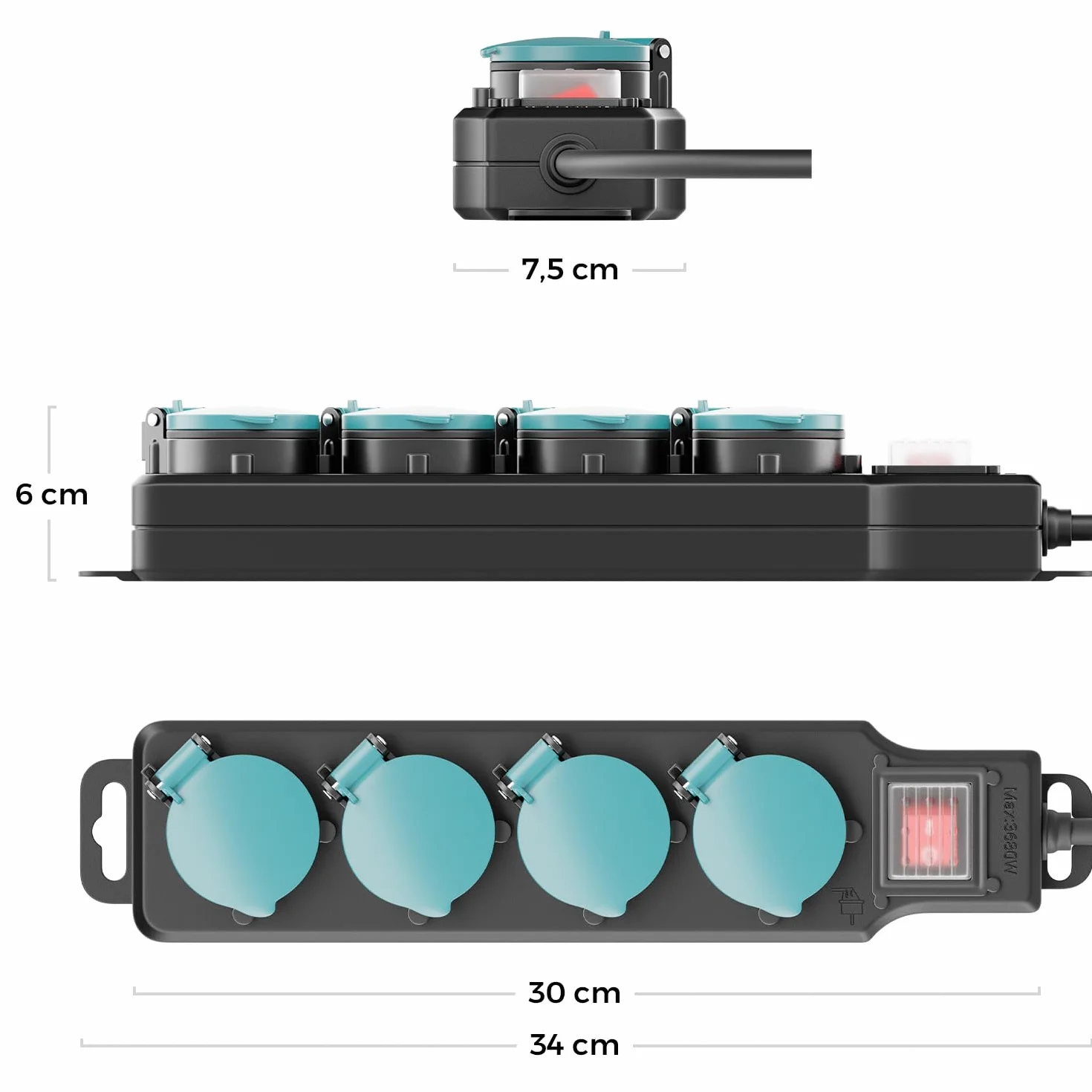 deleyCON Multiprise Extérieure 4 Prises IP44 5m Câble Interrupteur