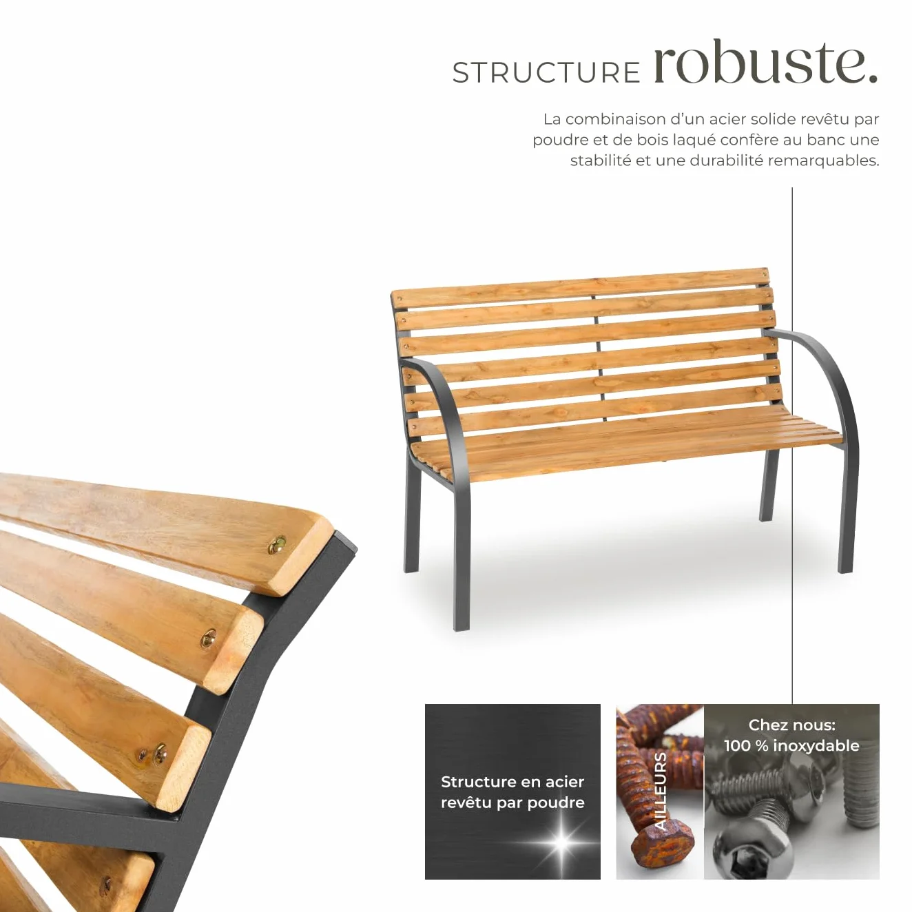 Tectake Banc de Jardin Solide en Bois Naturel laqué et Acier, Banquette de Jardin Noir Résistant aux intempéries