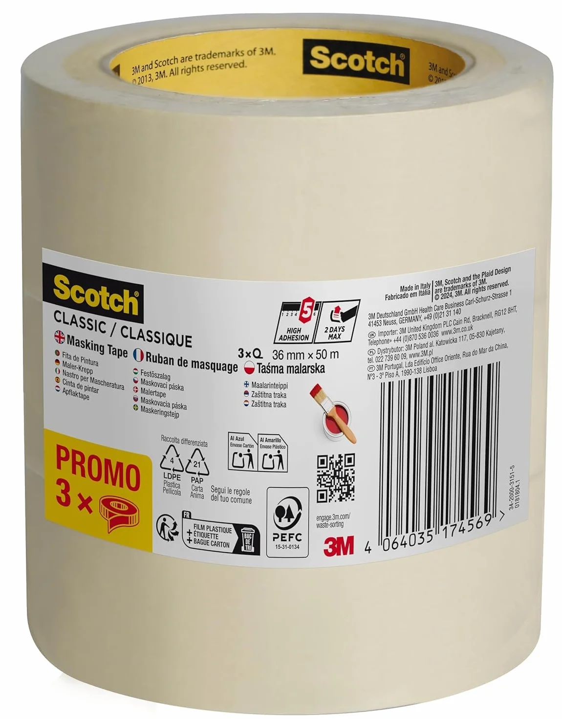 Scotch Ruban de Masquage Classique 36 mm x 50 m 3 Rouleaux Beige