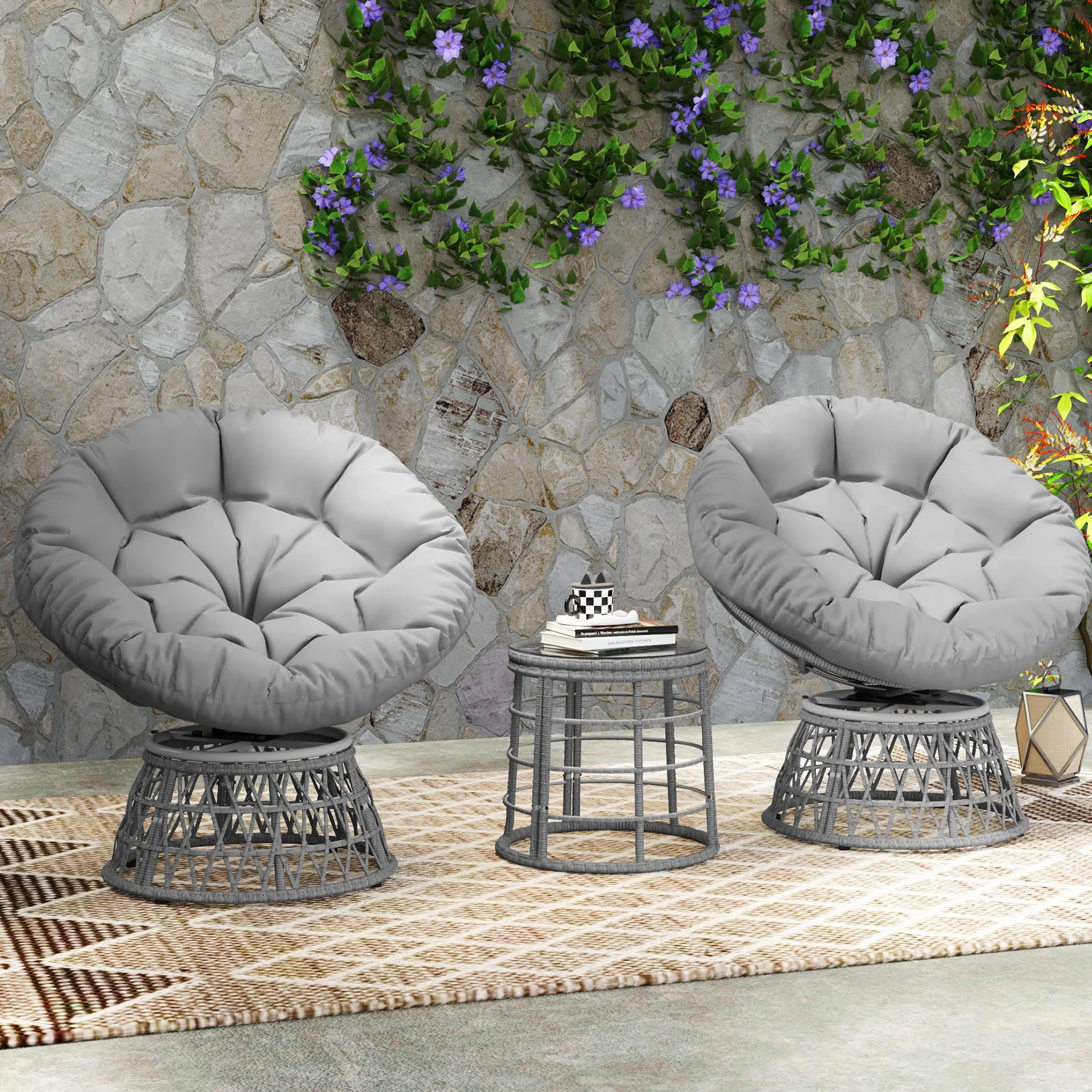 Outsunny Ensemble Salon de Jardin 3 pièces avec Fauteuils Papasan Pivotant et Table Basse Ronde Gris Résine Tressée