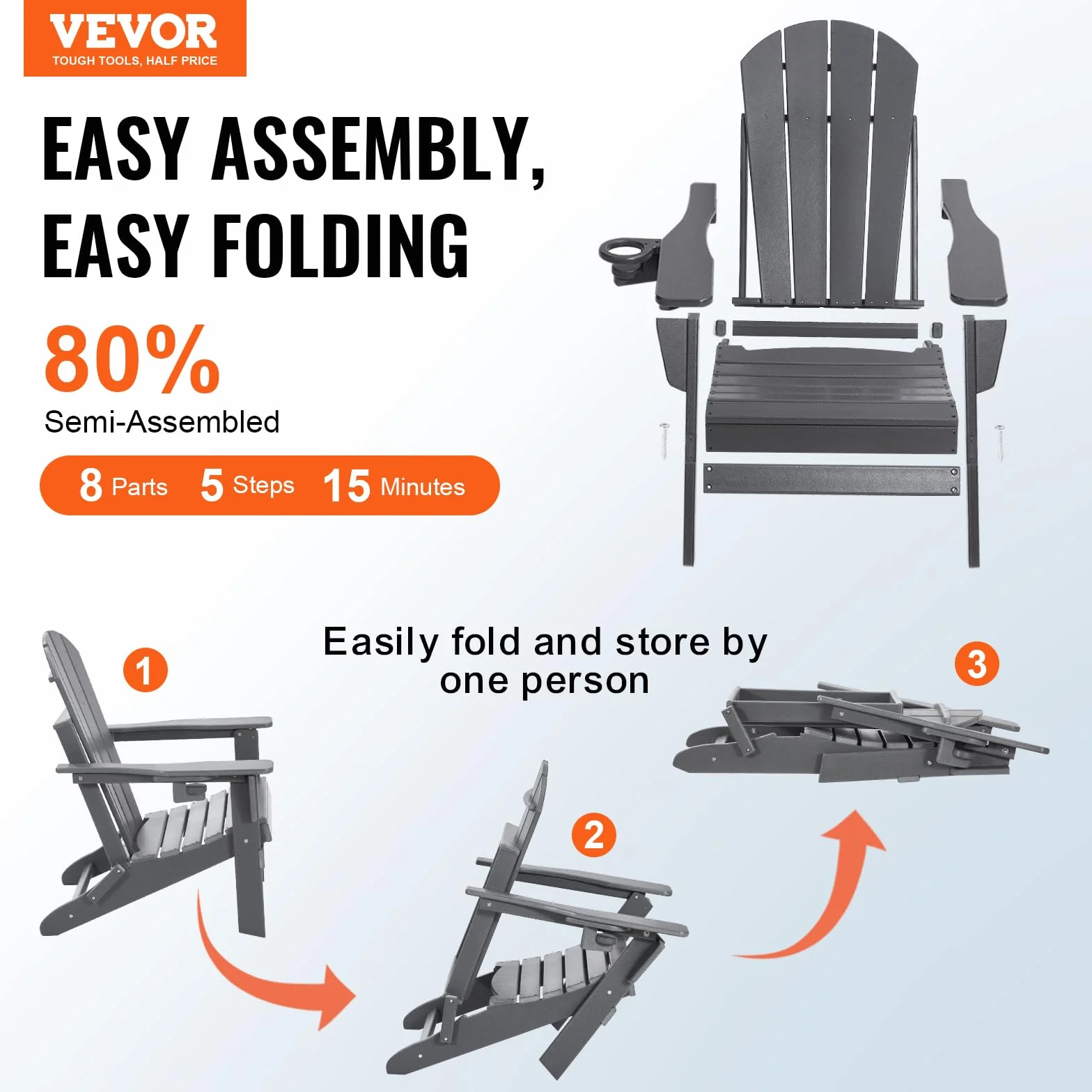 VEVOR Chaise Adirondack en Plastique, Lot de 2, Fauteuil de Jardin Pliant Portable, Charge 181,4 kg, avec Porte-Gobelet, Accoudoir Relaxant, pour Toutes Saisons, Extérieur, Patio, Arrière-Cour, Gris