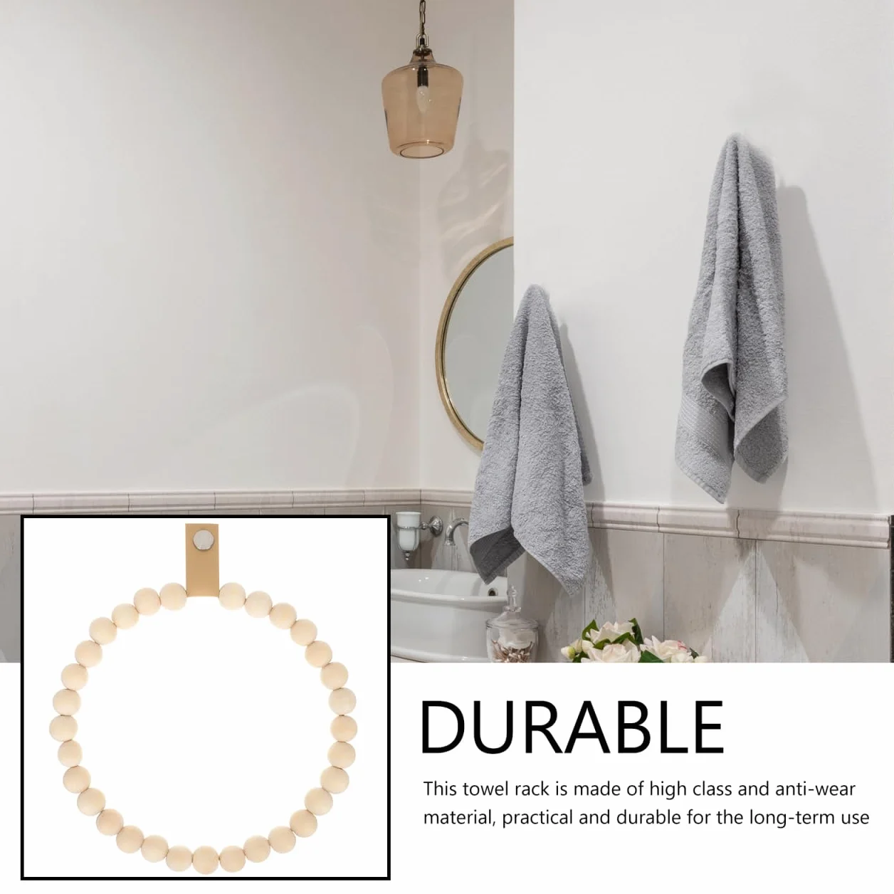 Hemobllo Porte Serviette Mural Bohème, Anneau Support Serviette en Perles de Bois Naturel pour Salle de Bain
