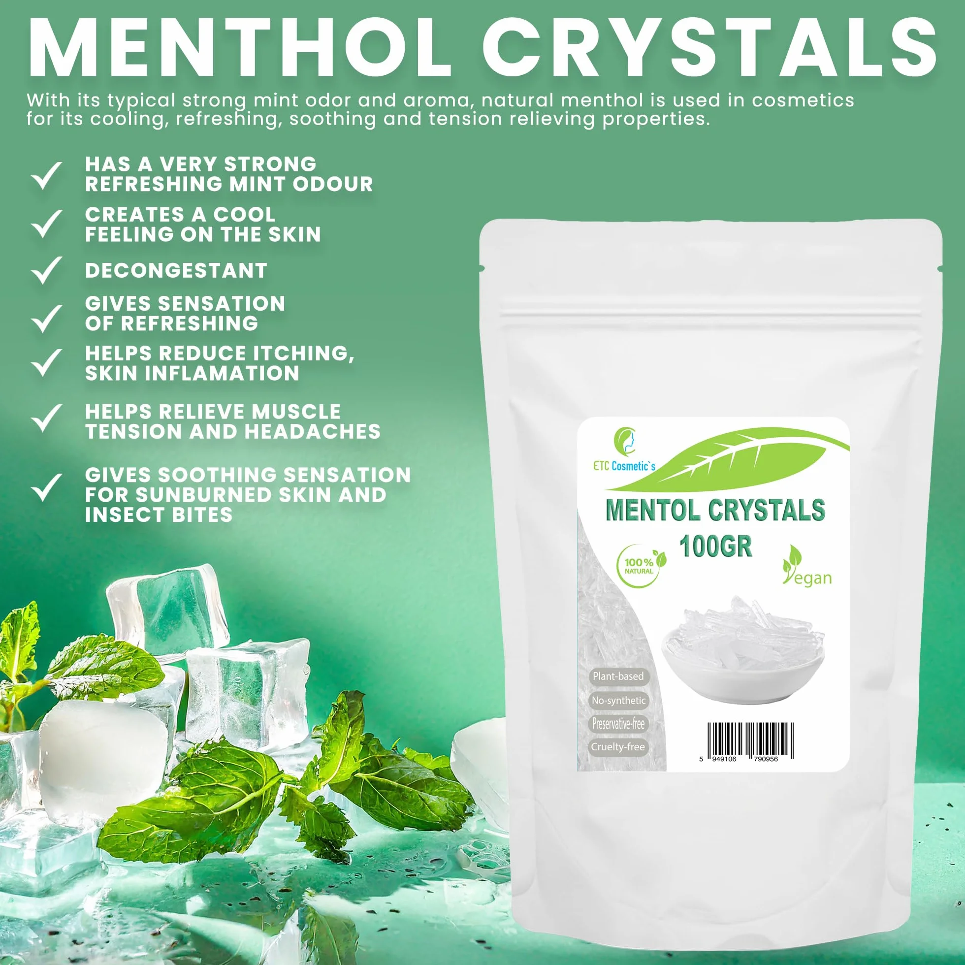 Cristaux de Menthol 100gr Menthe 100% Naturelle Rafraîchissant Cosmétique Sauna Infusion