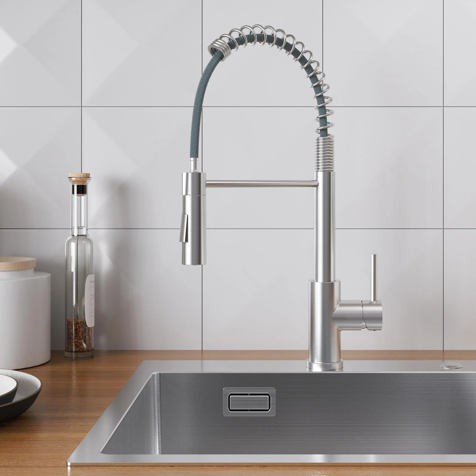 CECIPA Robinet Cuisine Mitigeur Avec Douchette Extractible, Acier Inoxydable Brossé, Arc Élevé Rotatif 360°