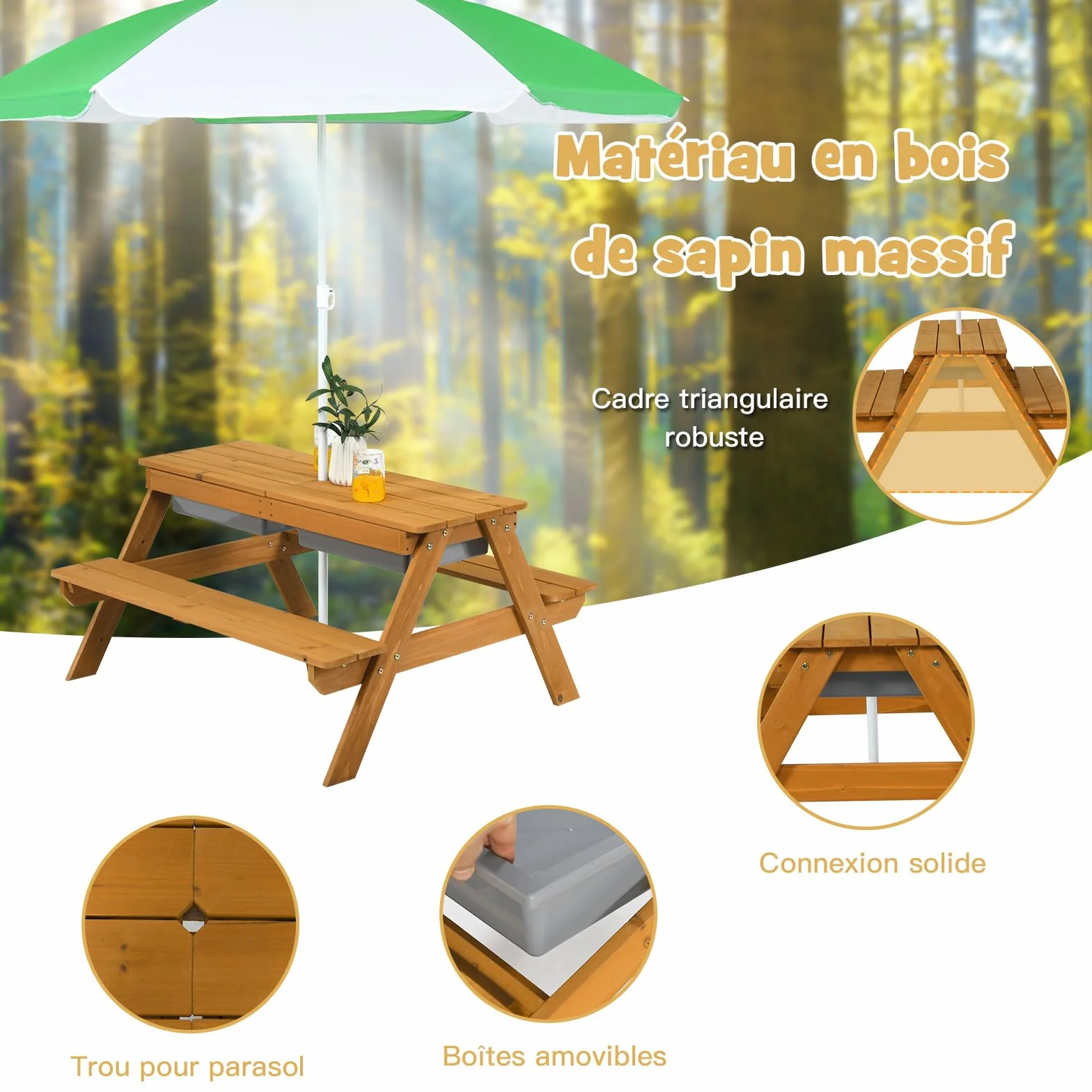 COSTWAY 3 en 1 Table de Pique-Nique Enfants avec Parasol Amovible, Table de Jardin, 2 Boîtes Sable & Eau, Charge 50kg
