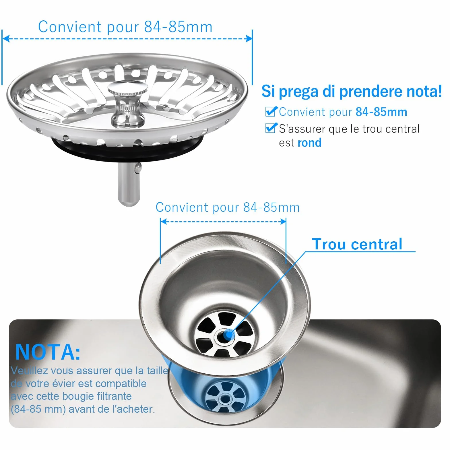Bouchon d'évier en Acier Inoxydable 84mm 2 Pack Remplacement pour Cuisine