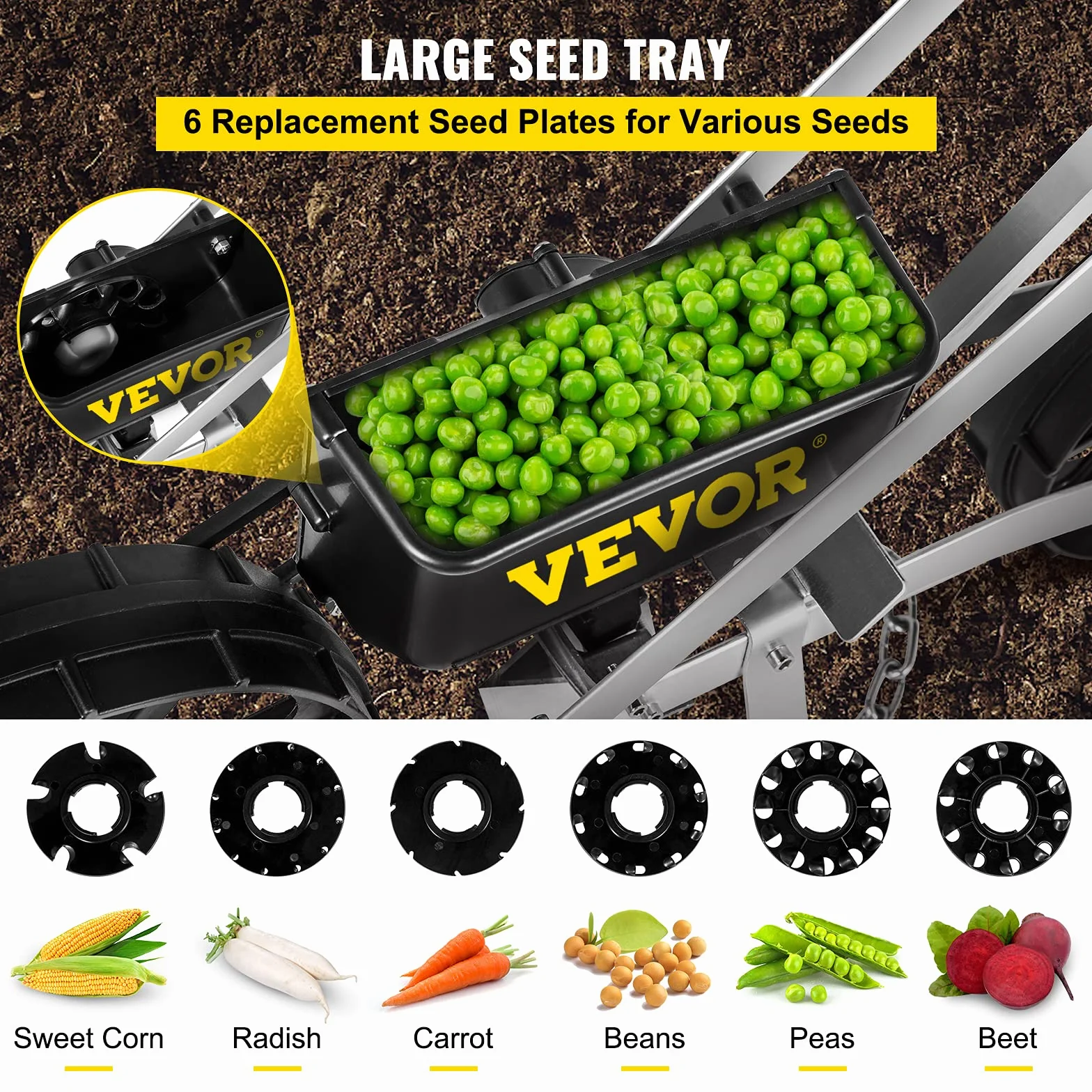 VEVOR Semoir Jardin Manuel Aluminium ABS Épandeur Engrais Gazon 78-84 cm Distributeur Graines Précision Métal 6 Plaques de Semences Roue Avant 6 cm Arrière 5 cm pour Graines Maïs, Radis, Carotte, Pois