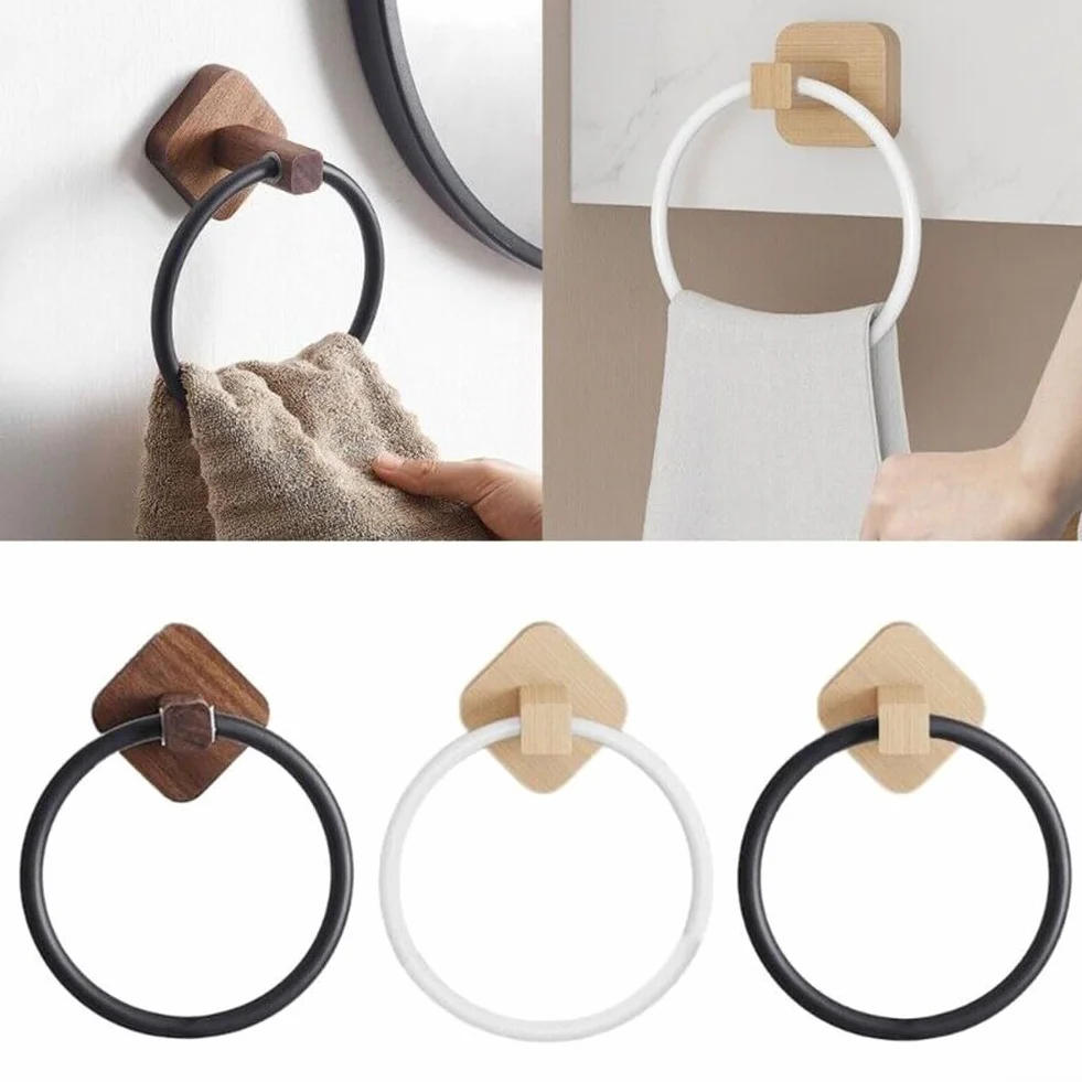 Porte-serviettes mural moderne en bois massif, design sans perçage avec barre en aluminium noir mat, organisateur d'anneau de serviette de salle de bain peu encombrant (noir hêtre)