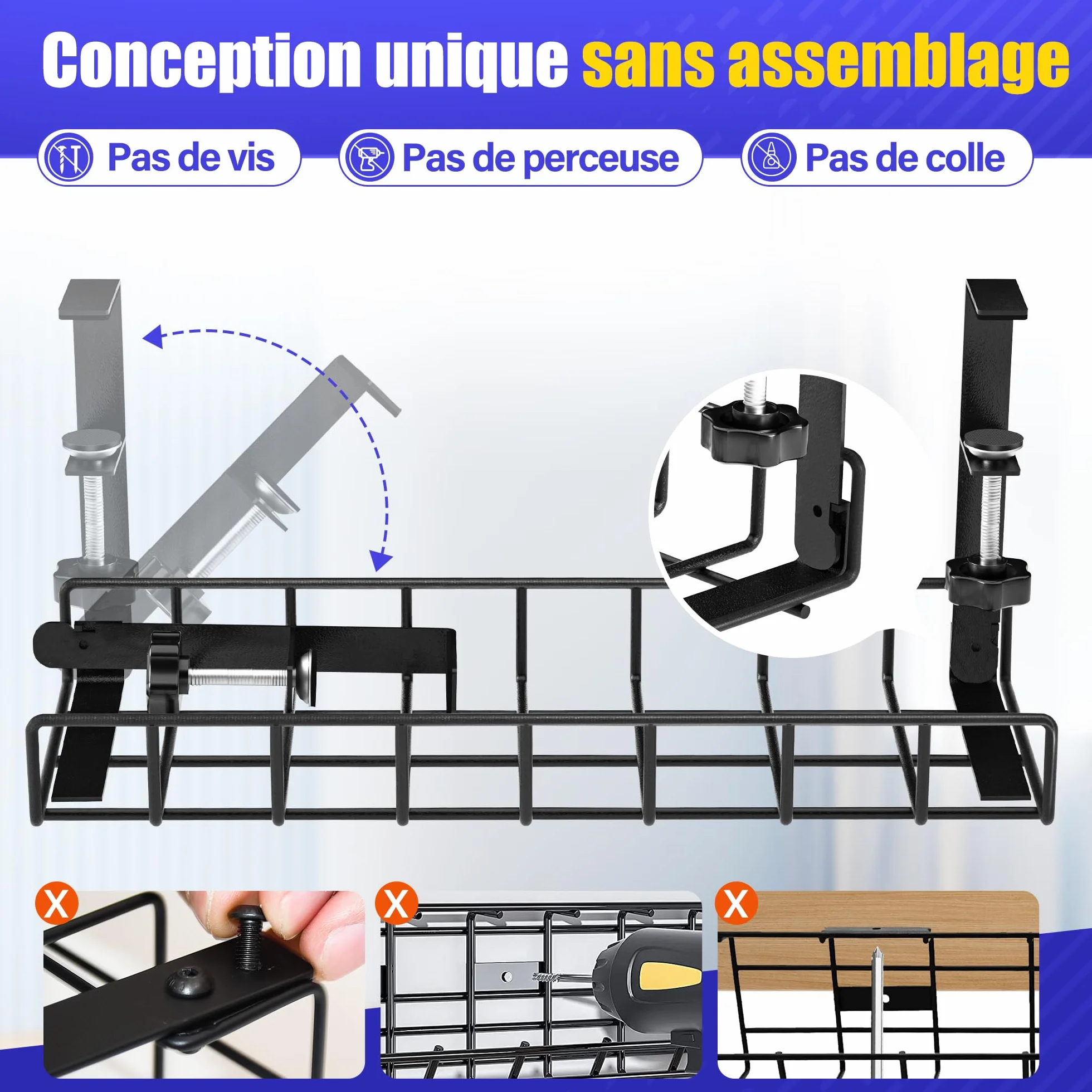 Plateau de Gestion des Câbles sans Perçage, Support de Câbles d'Ordinateur pour Bureau Noir